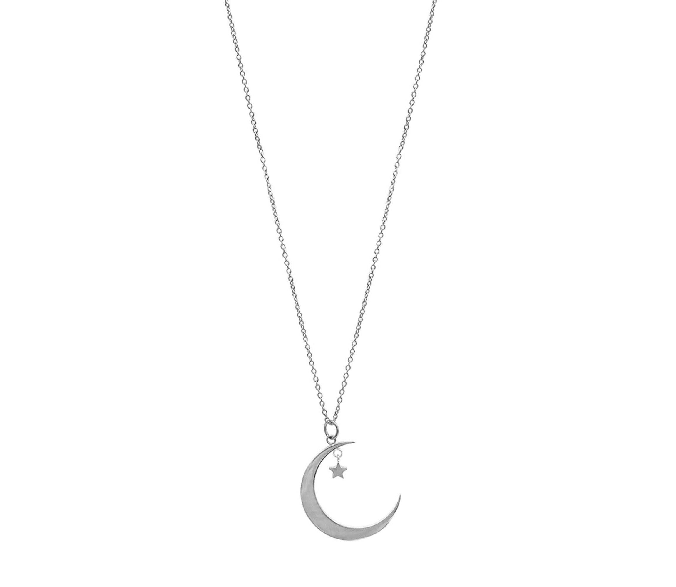 Rhodium Plated Hanging Moon and Star Necklace