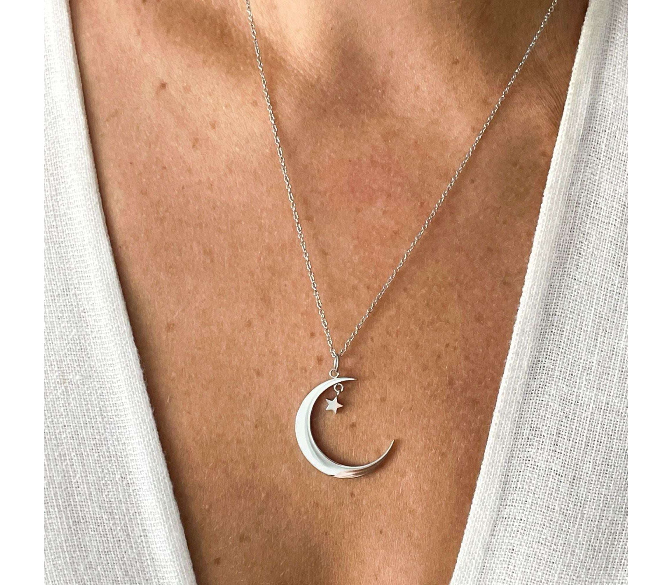 Rhodium Plated Hanging Moon and Star Necklace