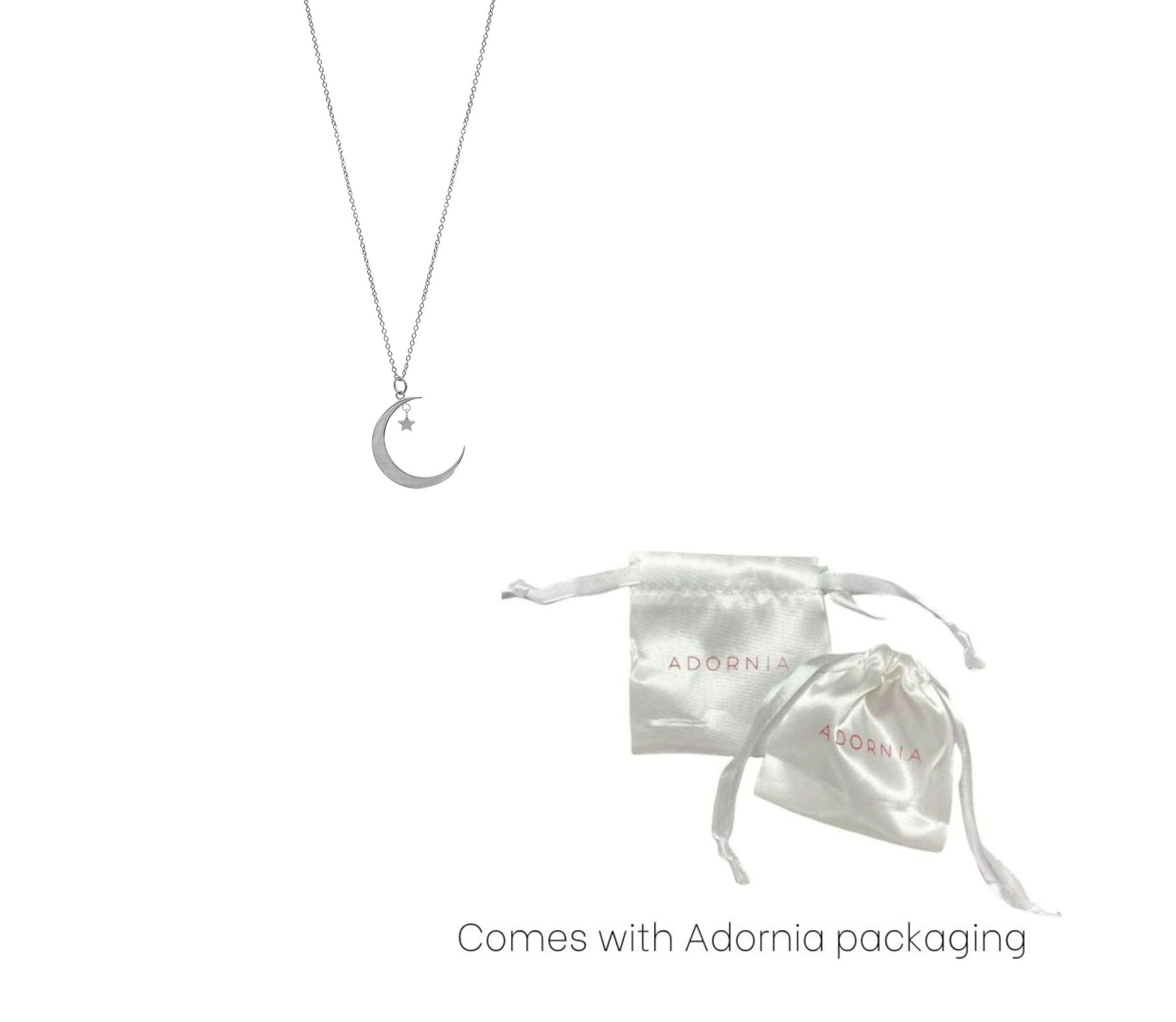 Rhodium Plated Hanging Moon and Star Necklace