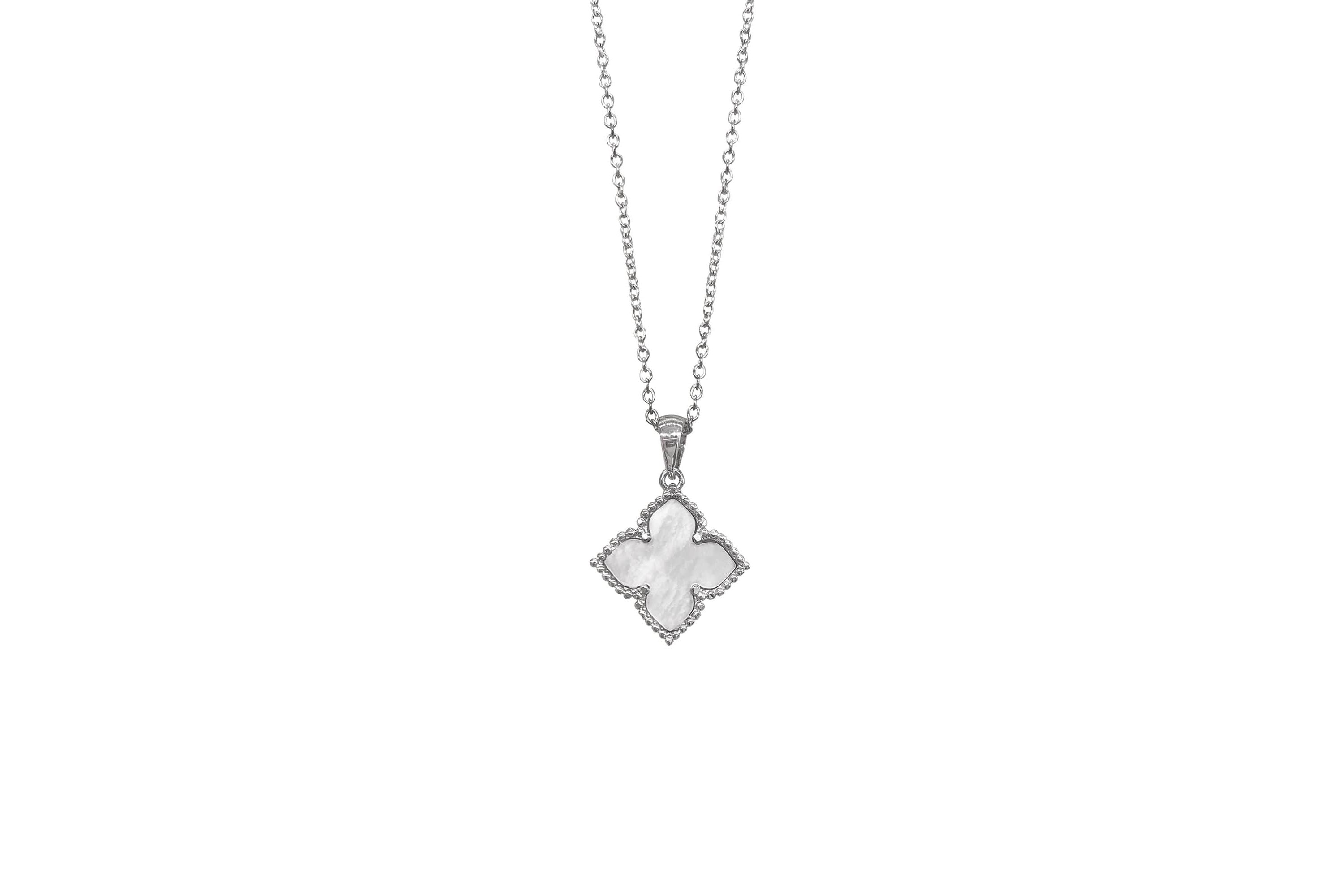Rhodium Plated Flower White Mother of Pearl Necklace