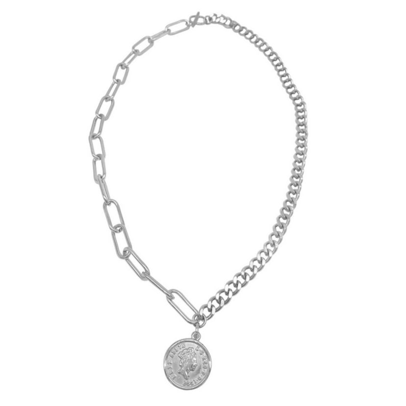 Tarnish Resistant Rhodium Plated Coin Mixed Chain Necklace
