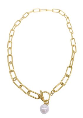Adornia Tarnish Resistant 14K Gold Plated Paper Clip Toggle Necklace with Pearl