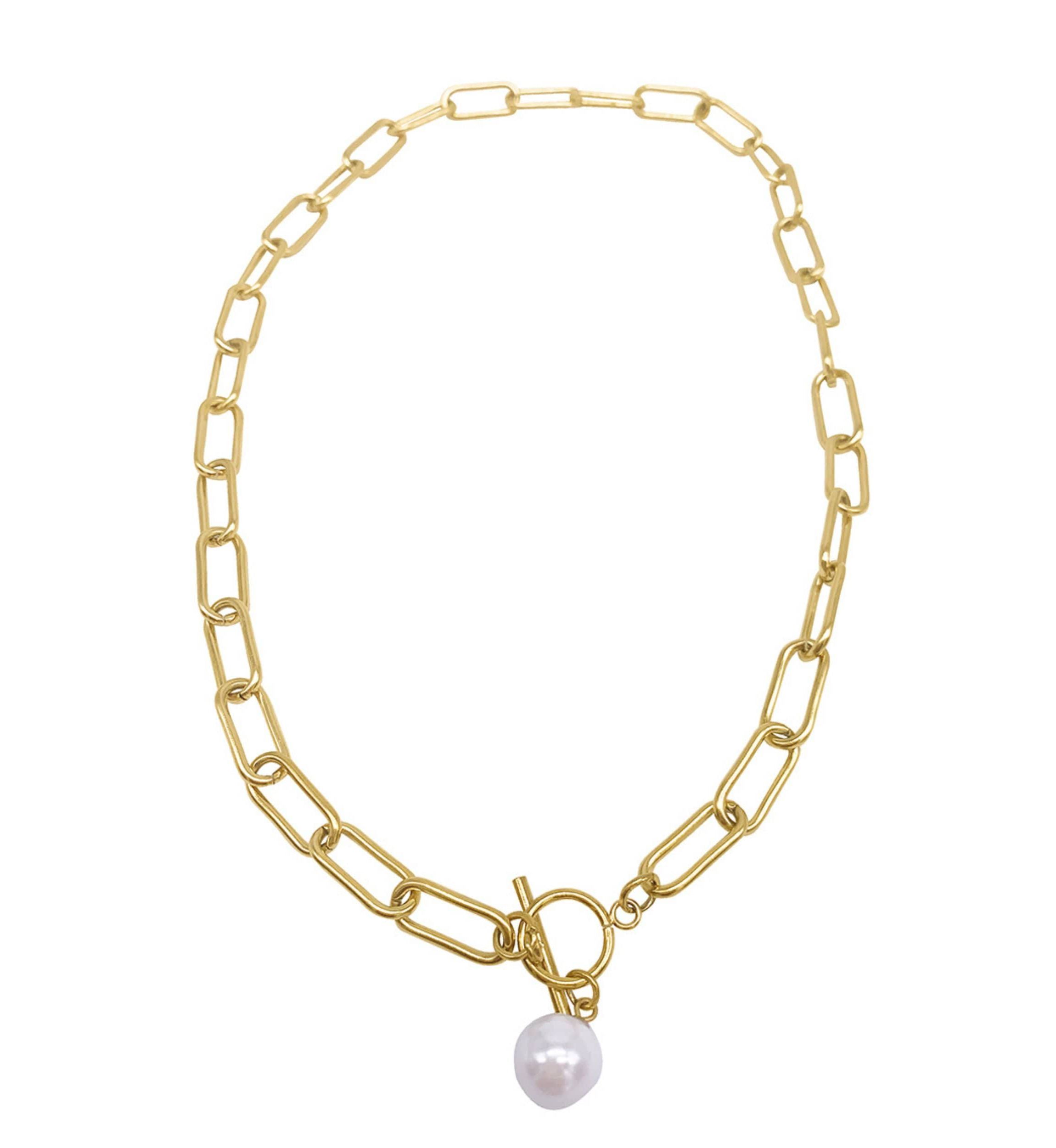 Tarnish Resistant 14K Gold Plated Paper Clip Toggle Necklace with Pearl