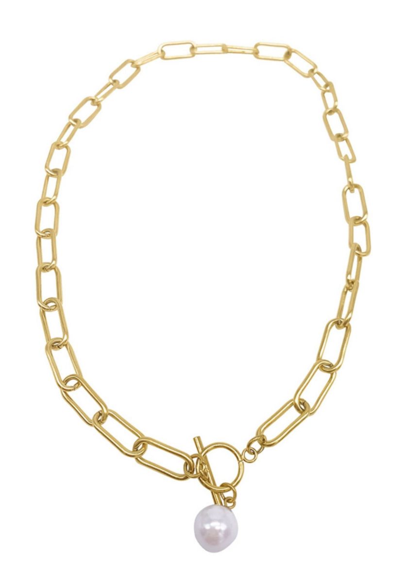 Tarnish Resistant 14K Gold Plated Paper Clip Toggle Necklace with Pearl