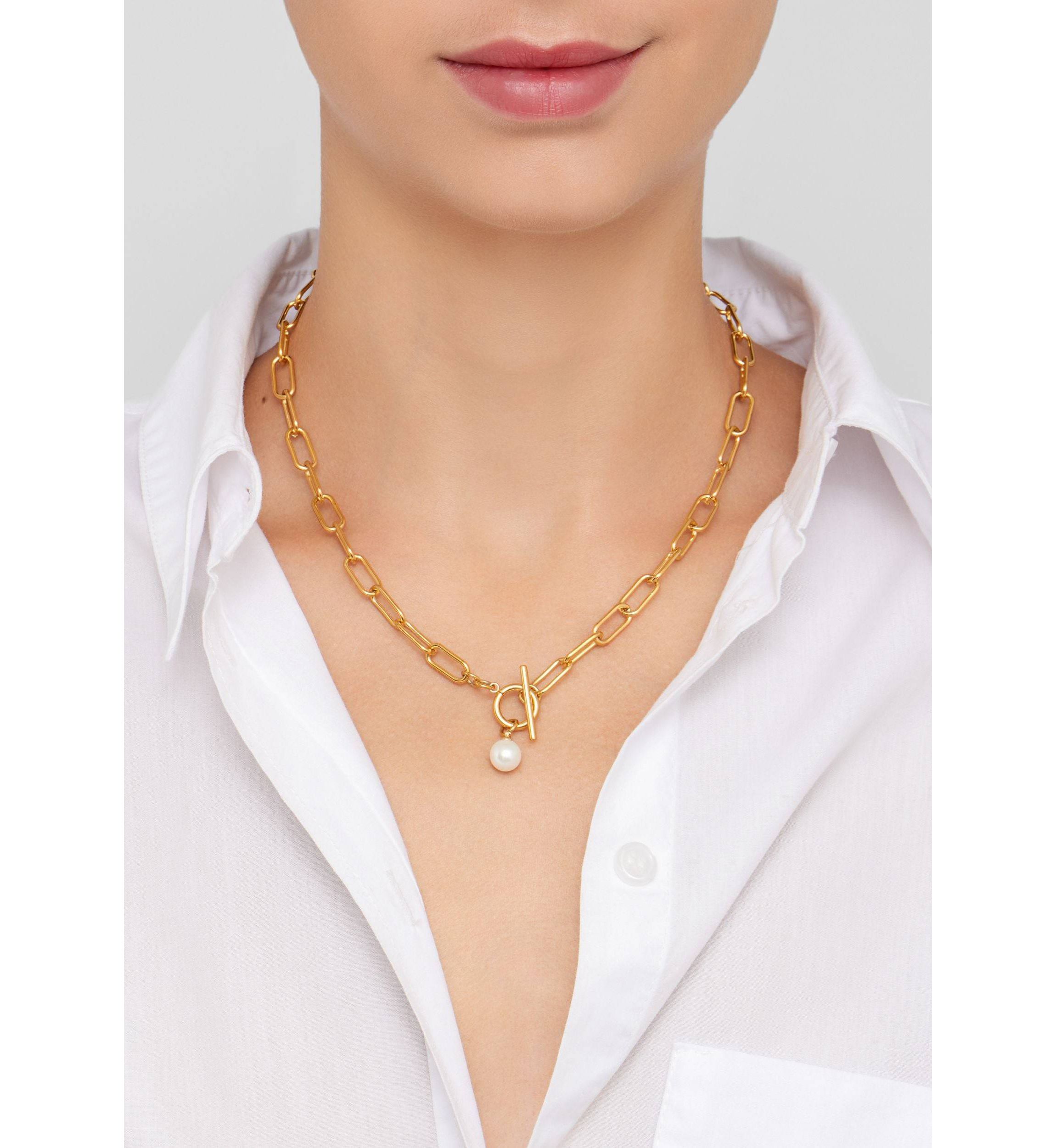 Tarnish Resistant 14K Gold Plated Paper Clip Toggle Necklace with Pearl