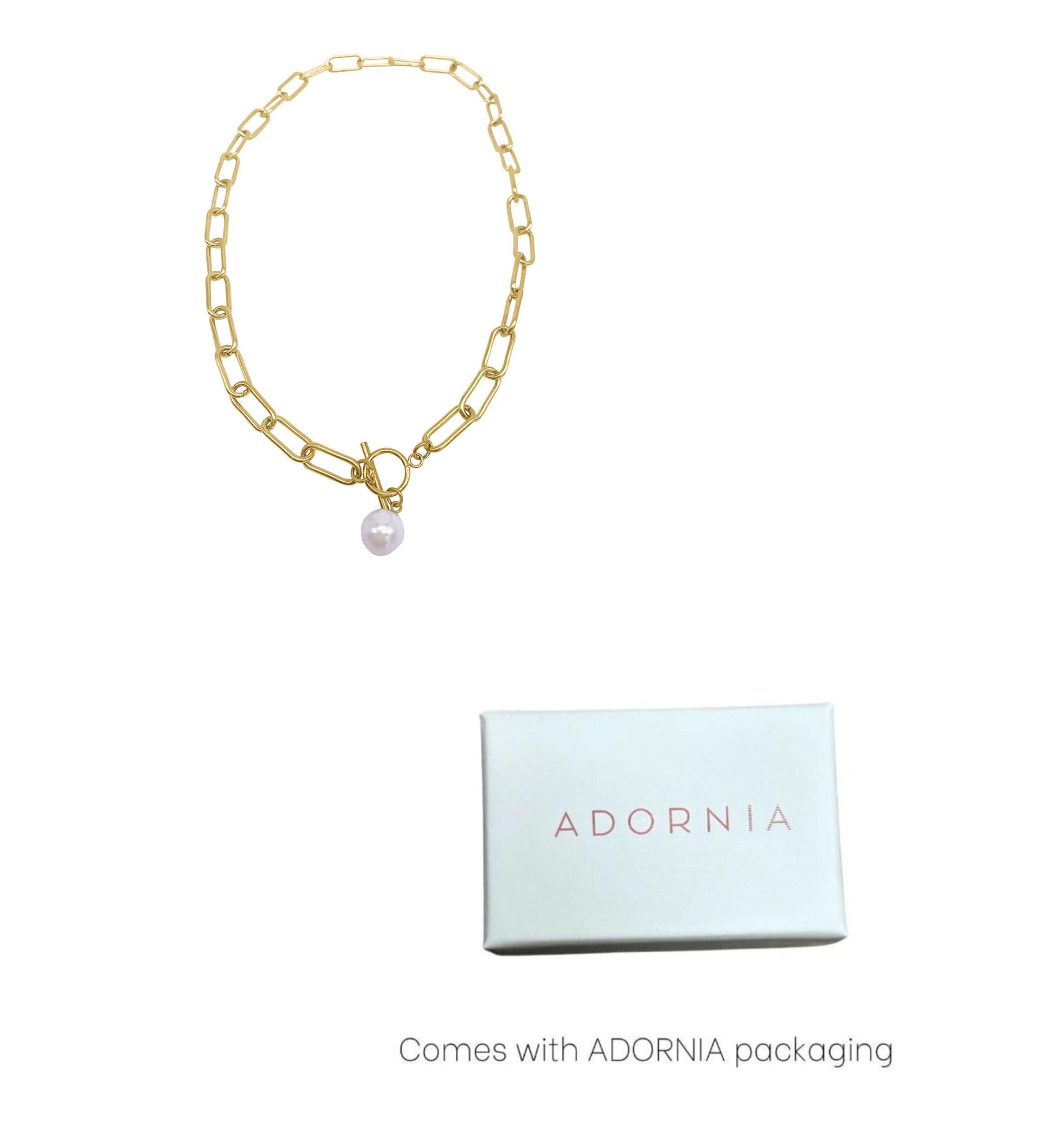 Tarnish Resistant 14K Gold Plated Paper Clip Toggle Necklace with Pearl
