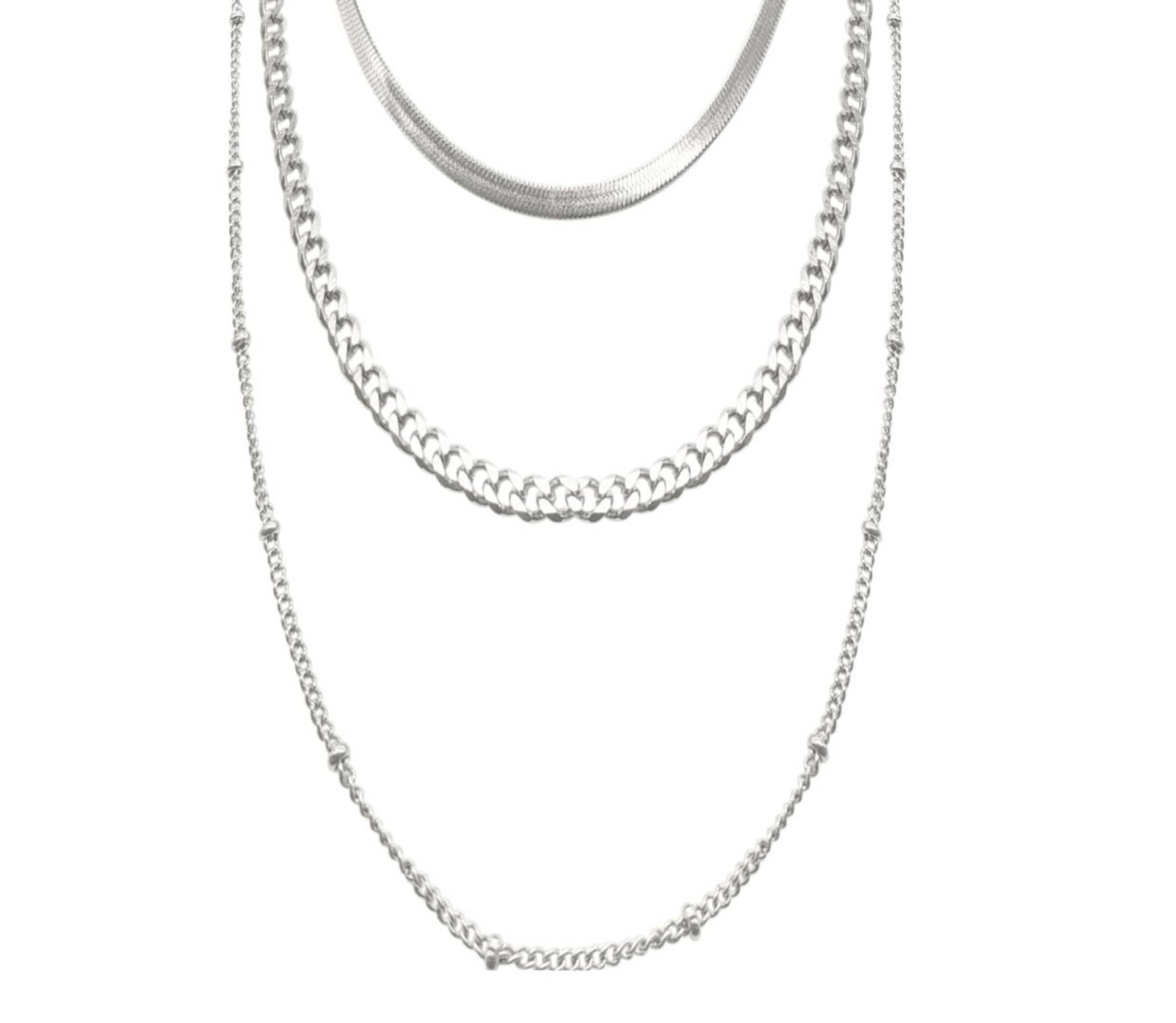 Tarnish Resistant Rhodium Plated Triple Layered Chain Necklace