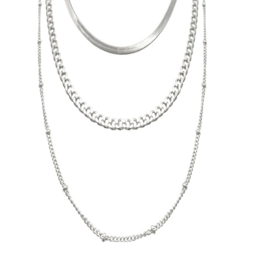 Tarnish Resistant Rhodium Plated Triple Layered Chain Necklace