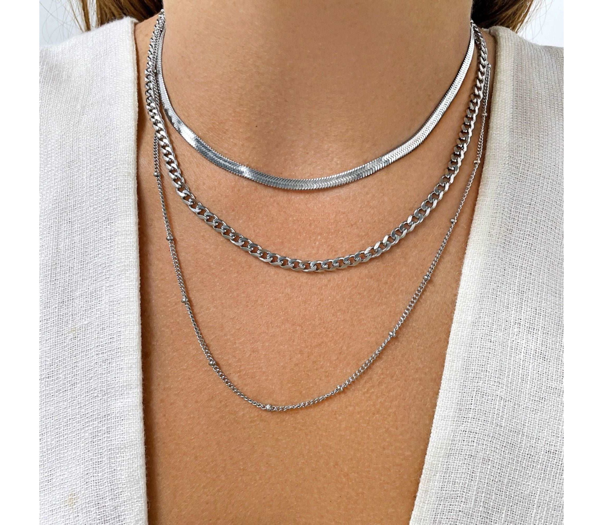 Tarnish Resistant Rhodium Plated Triple Layered Chain Necklace