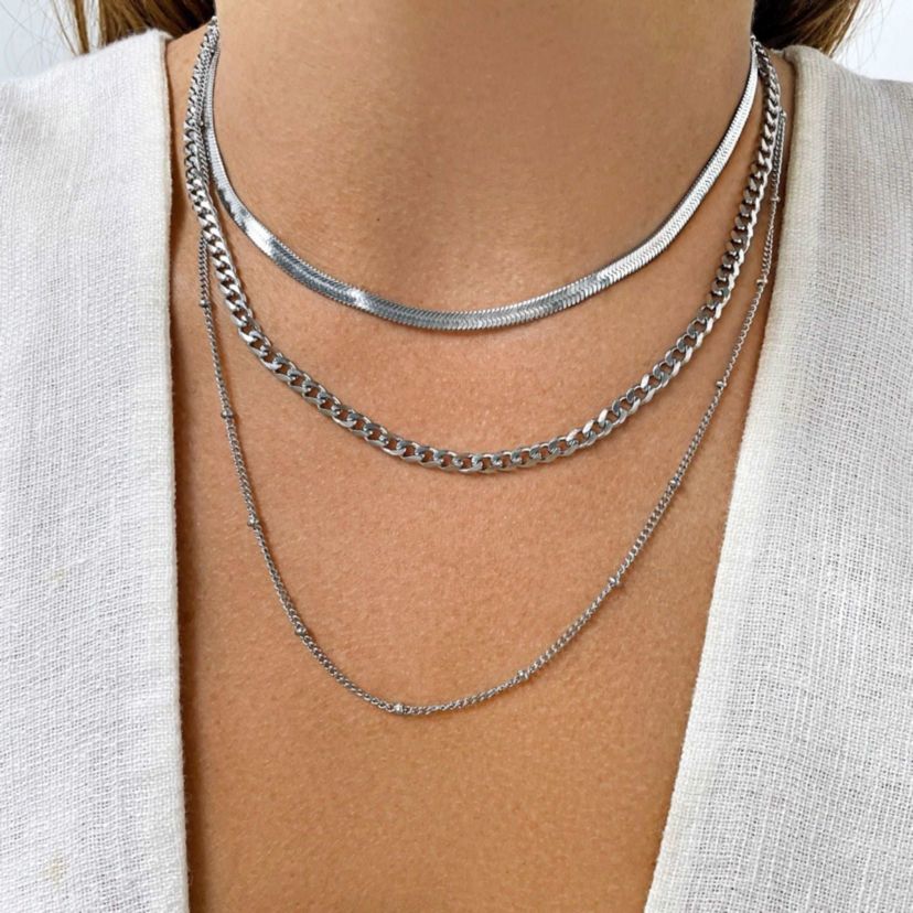 Tarnish Resistant Rhodium Plated Triple Layered Chain Necklace