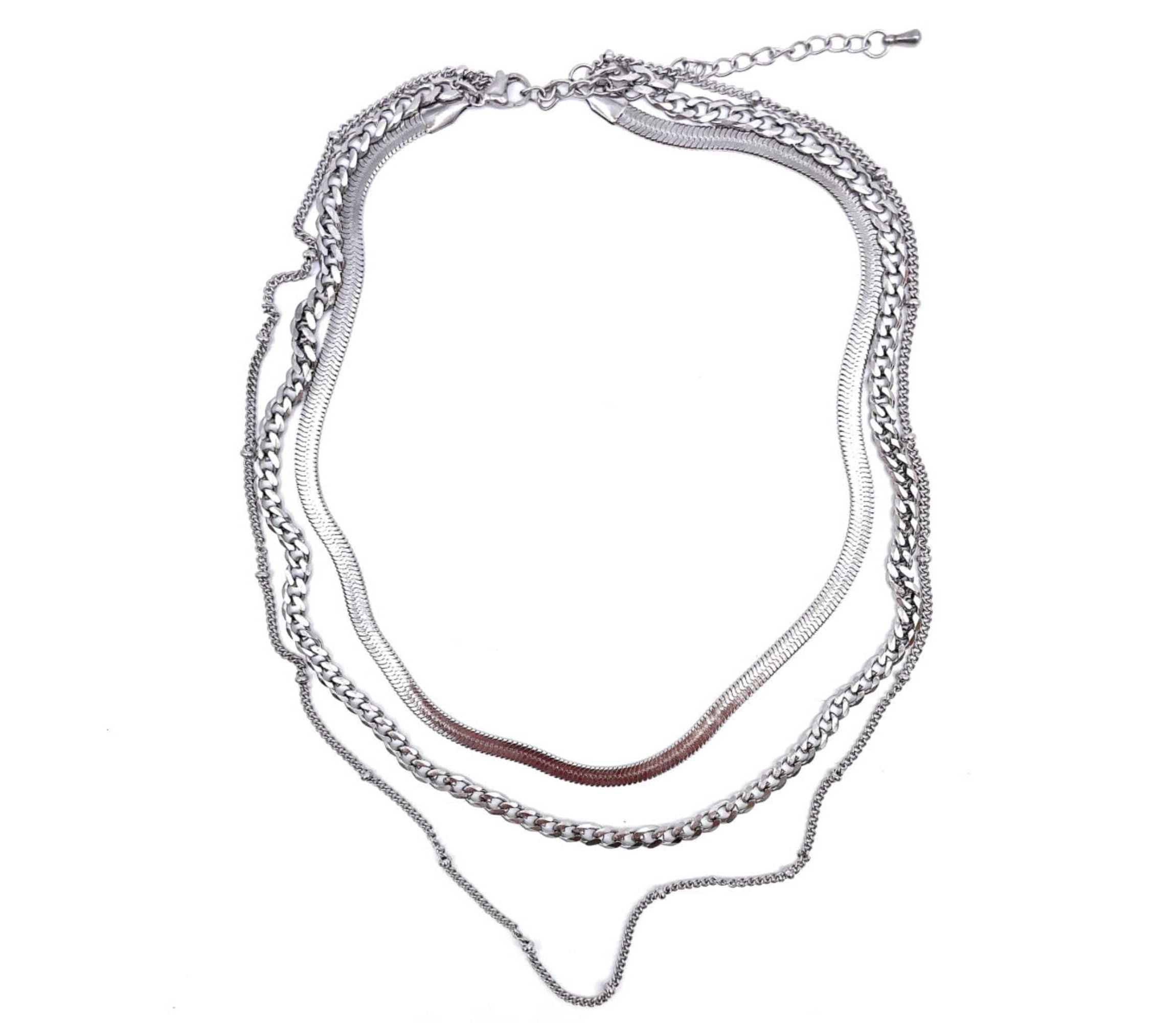 Tarnish Resistant Rhodium Plated Triple Layered Chain Necklace
