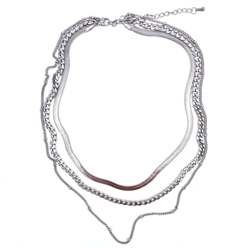 Tarnish Resistant Rhodium Plated Triple Layered Chain Necklace