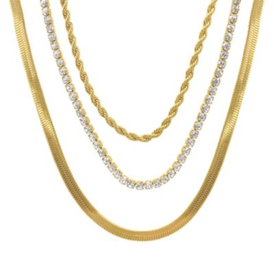 Adornia Tarnish Resistant 14k Gold Plated Herringbone Chain, Rope Chain, and Tennis Necklace Set