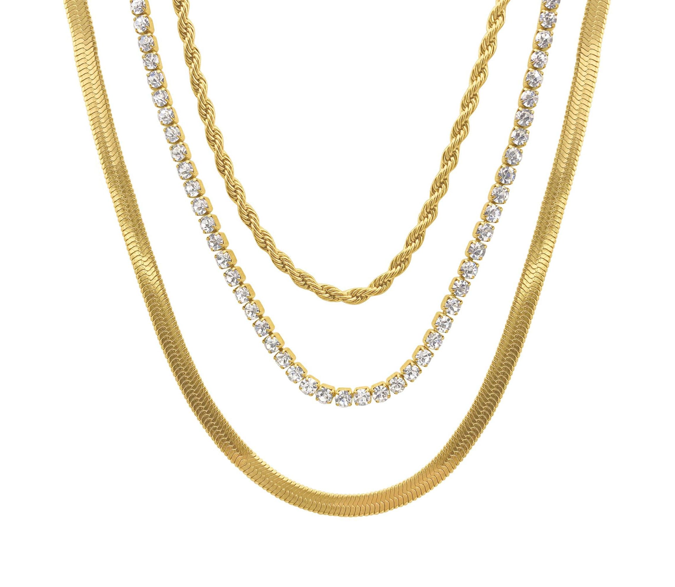 Tarnish Resistant 14k Gold Plated Herringbone Chain, Rope Chain, and Tennis Necklace Set