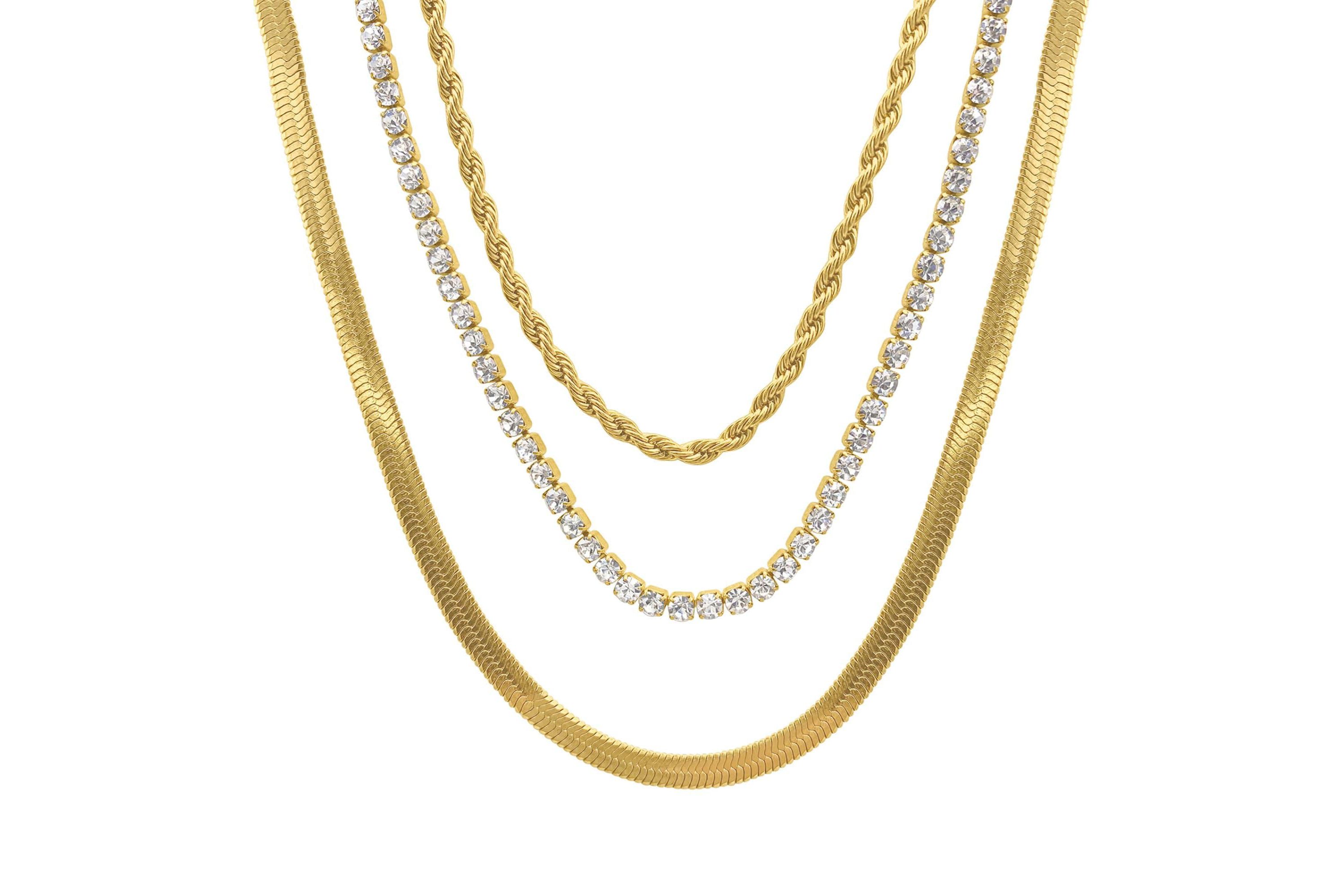 Tarnish Resistant 14k Gold Plated Herringbone Chain, Rope Chain, and Tennis Necklace Set
