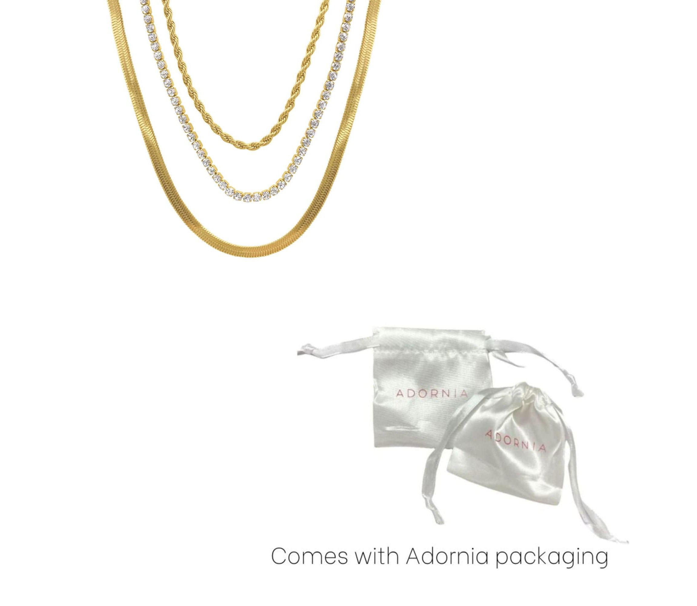 Tarnish Resistant 14k Gold Plated Herringbone Chain, Rope Chain, and Tennis Necklace Set