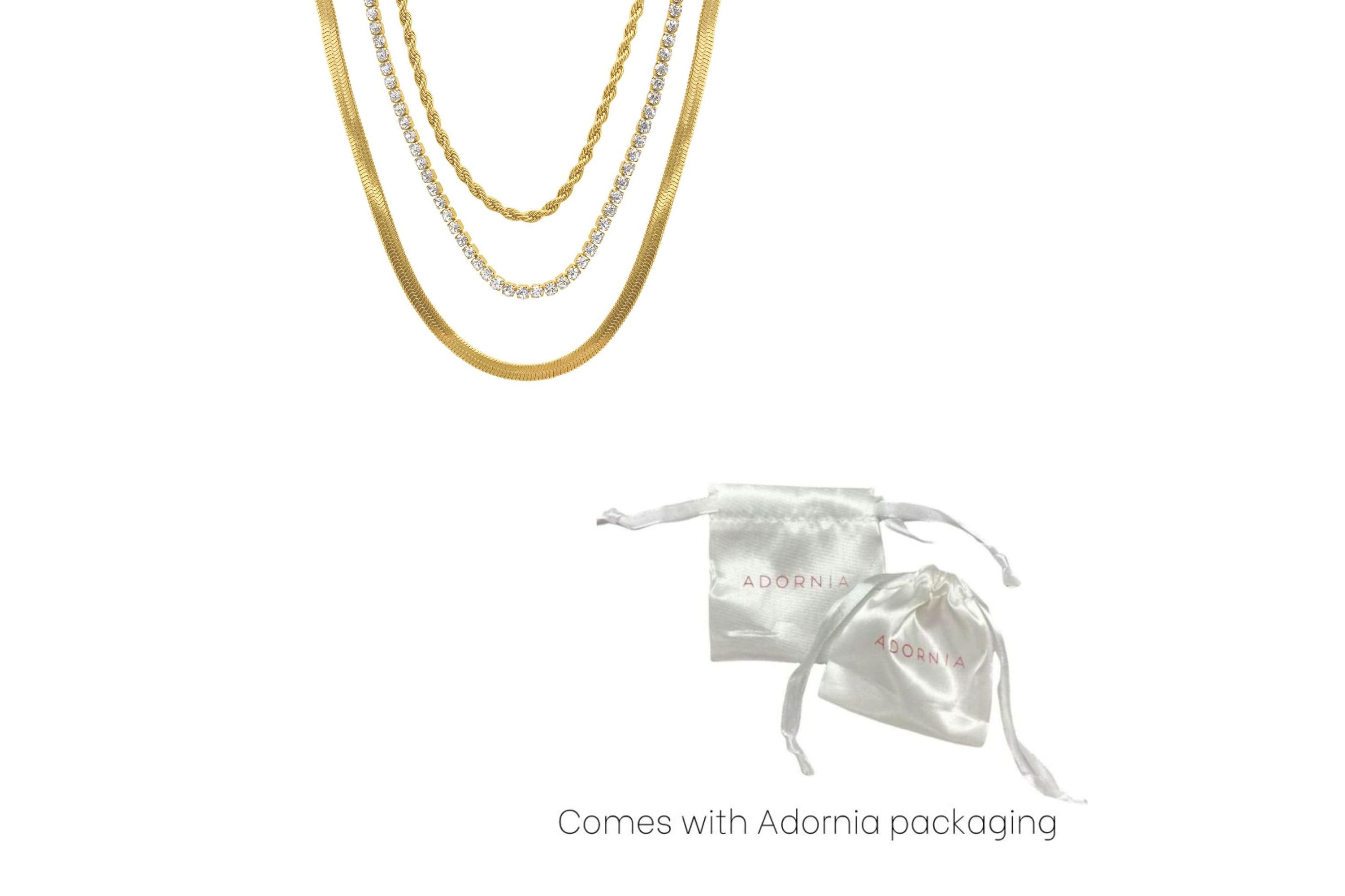 Tarnish Resistant 14k Gold Plated Herringbone Chain, Rope Chain, and Tennis Necklace Set