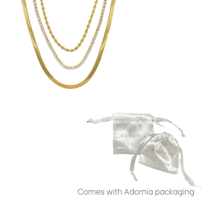 Tarnish Resistant 14k Gold Plated Herringbone Chain, Rope Chain, and Tennis Necklace Set