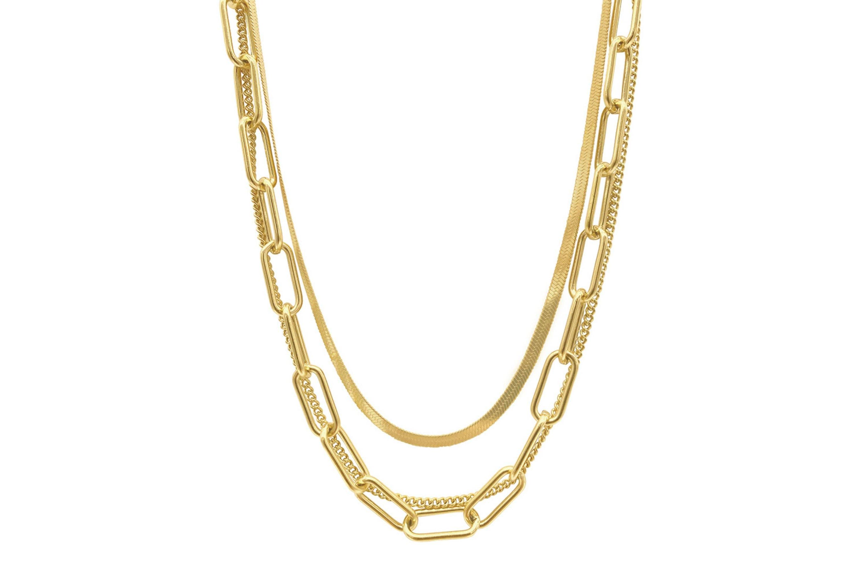 Tarnish Resistant 14k Gold Plated Set of Paper Clip, Snake Chain and Curb Chain Neckalce