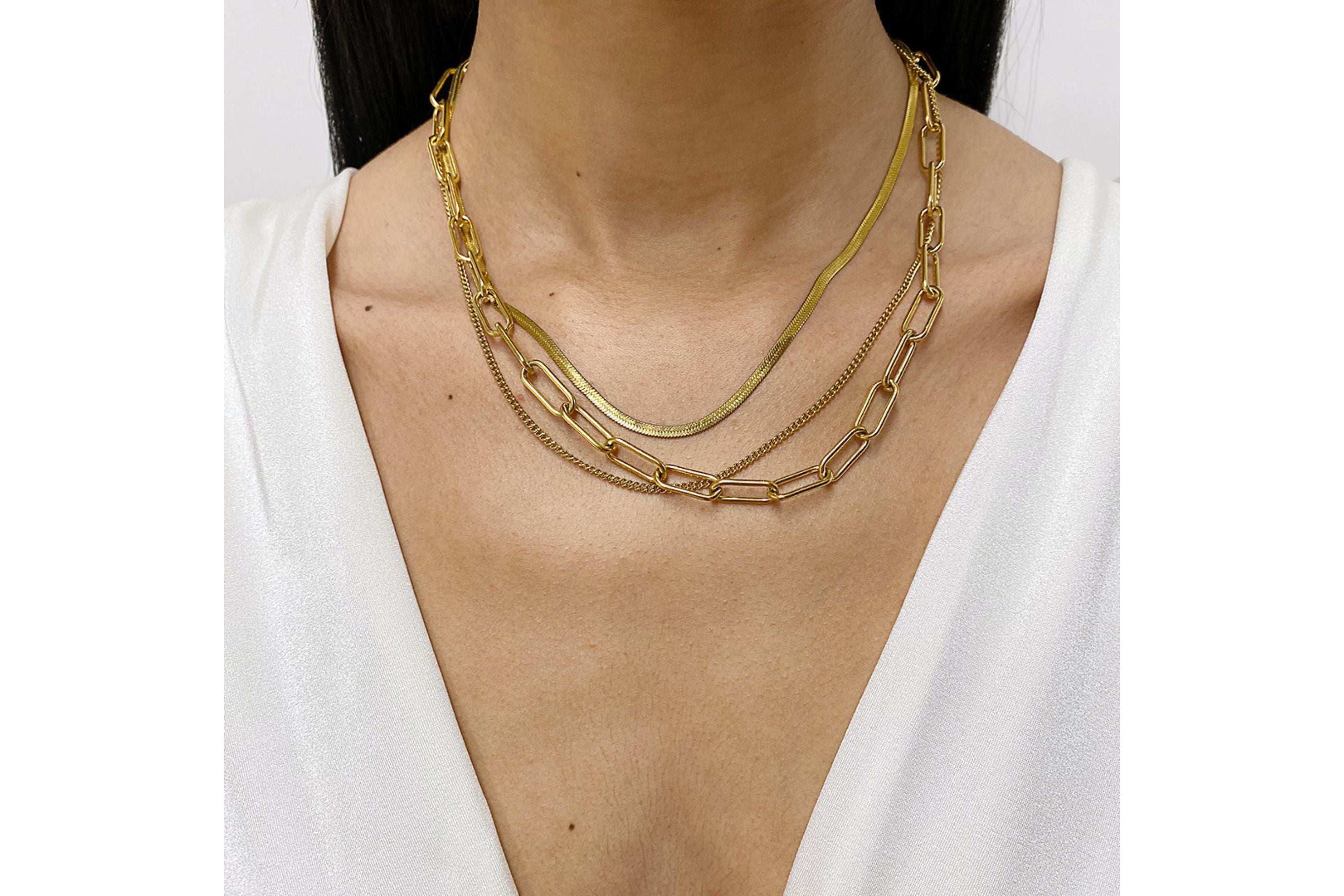 Tarnish Resistant 14k Gold Plated Set of Paper Clip, Snake Chain and Curb Chain Neckalce
