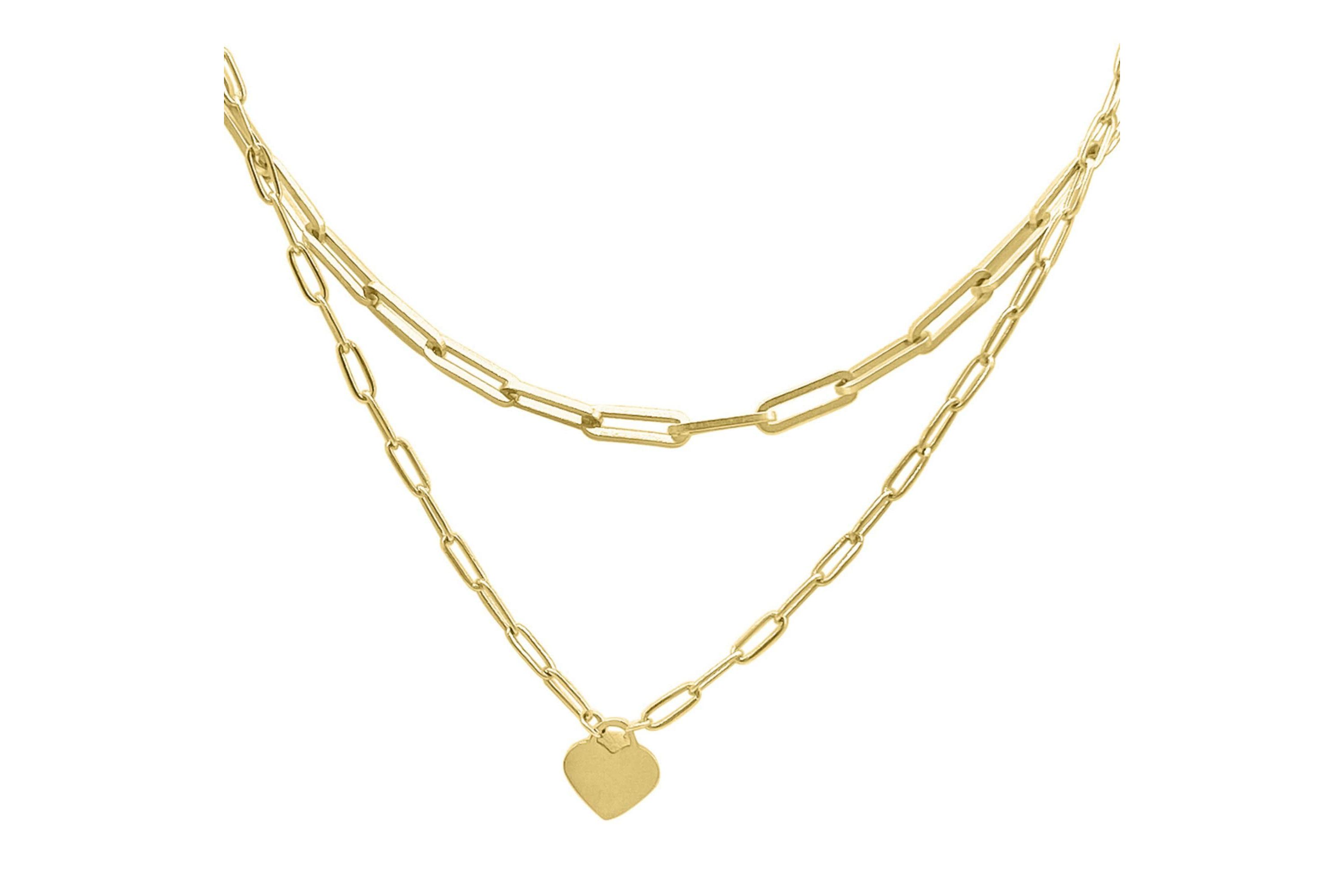 Tarnish Resistant 14k Gold Plated Layered Paper Clip Chain Heart Pendant Necklace