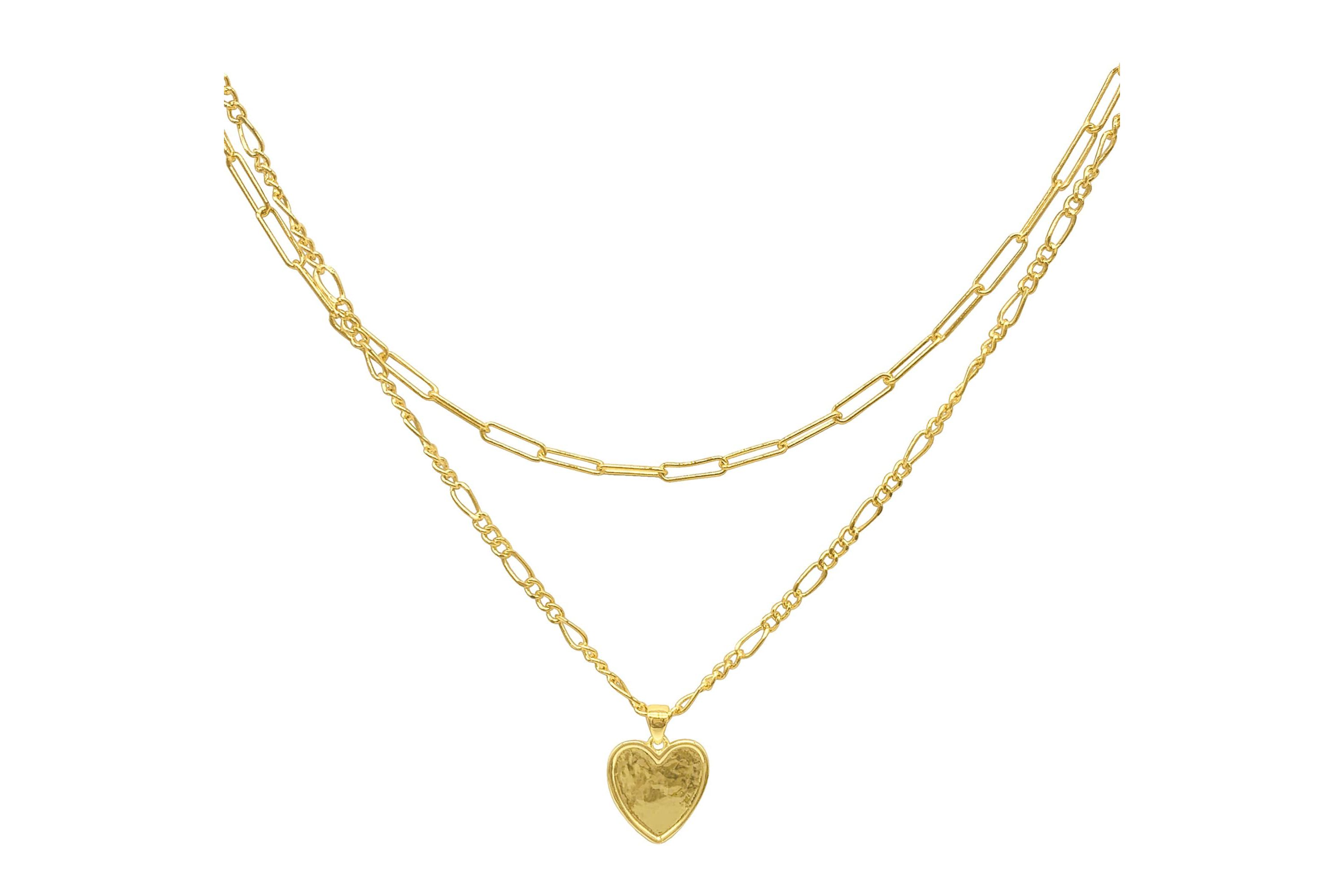 14k Gold Plated Paper Clip and Figaro Heart Chain Set