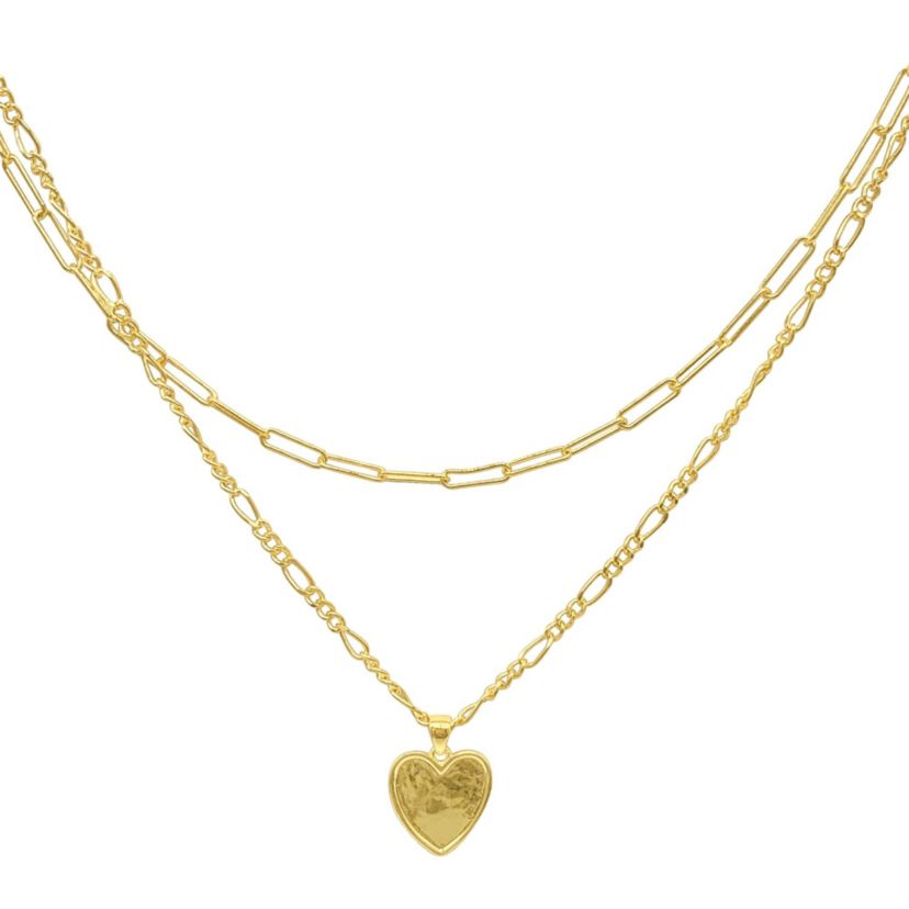 14k Gold Plated Paper Clip and Figaro Heart Chain Set