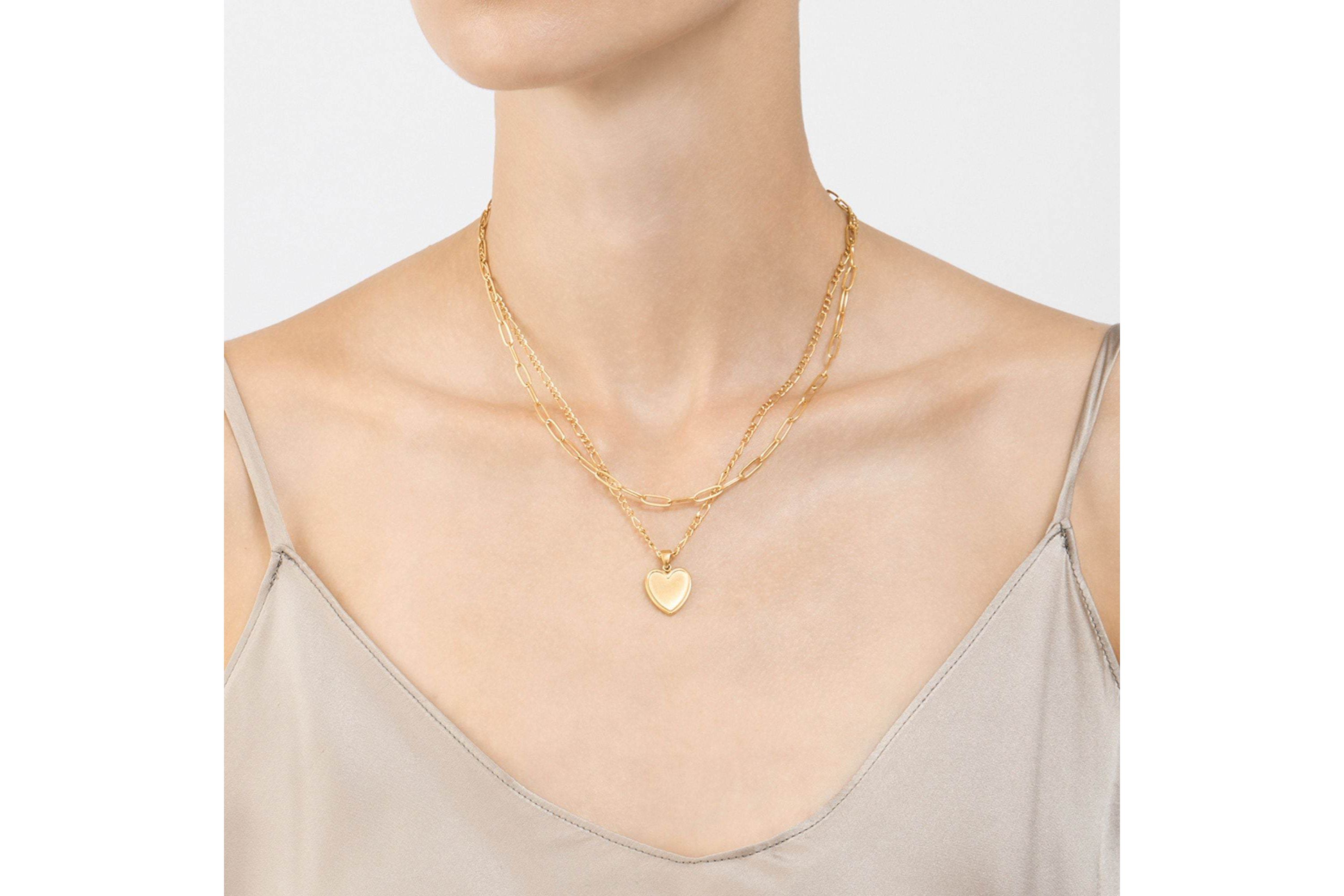 14k Gold Plated Paper Clip and Figaro Heart Chain Set