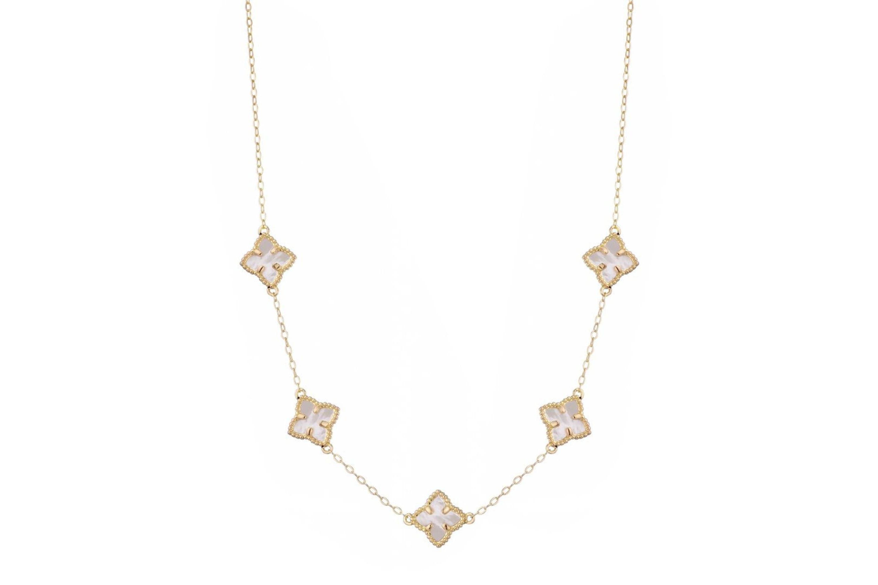 14k Gold Plated White Mother of Pearl Floral Station Necklace