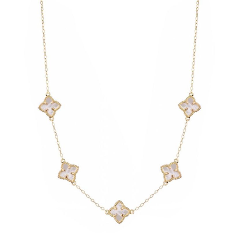 14k Gold Plated White Mother of Pearl Floral Station Necklace
