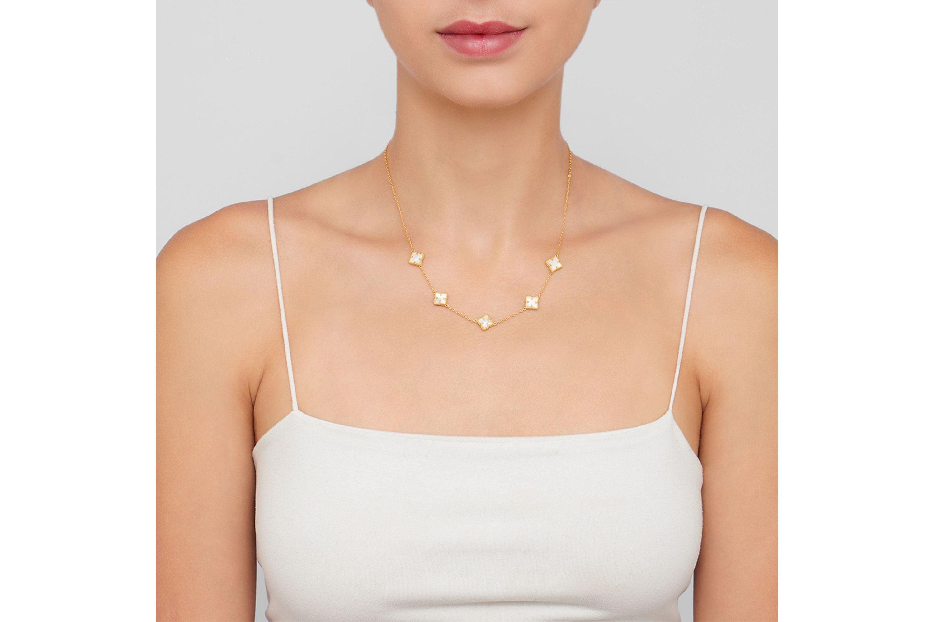 14k Gold Plated White Mother of Pearl Floral Station Necklace