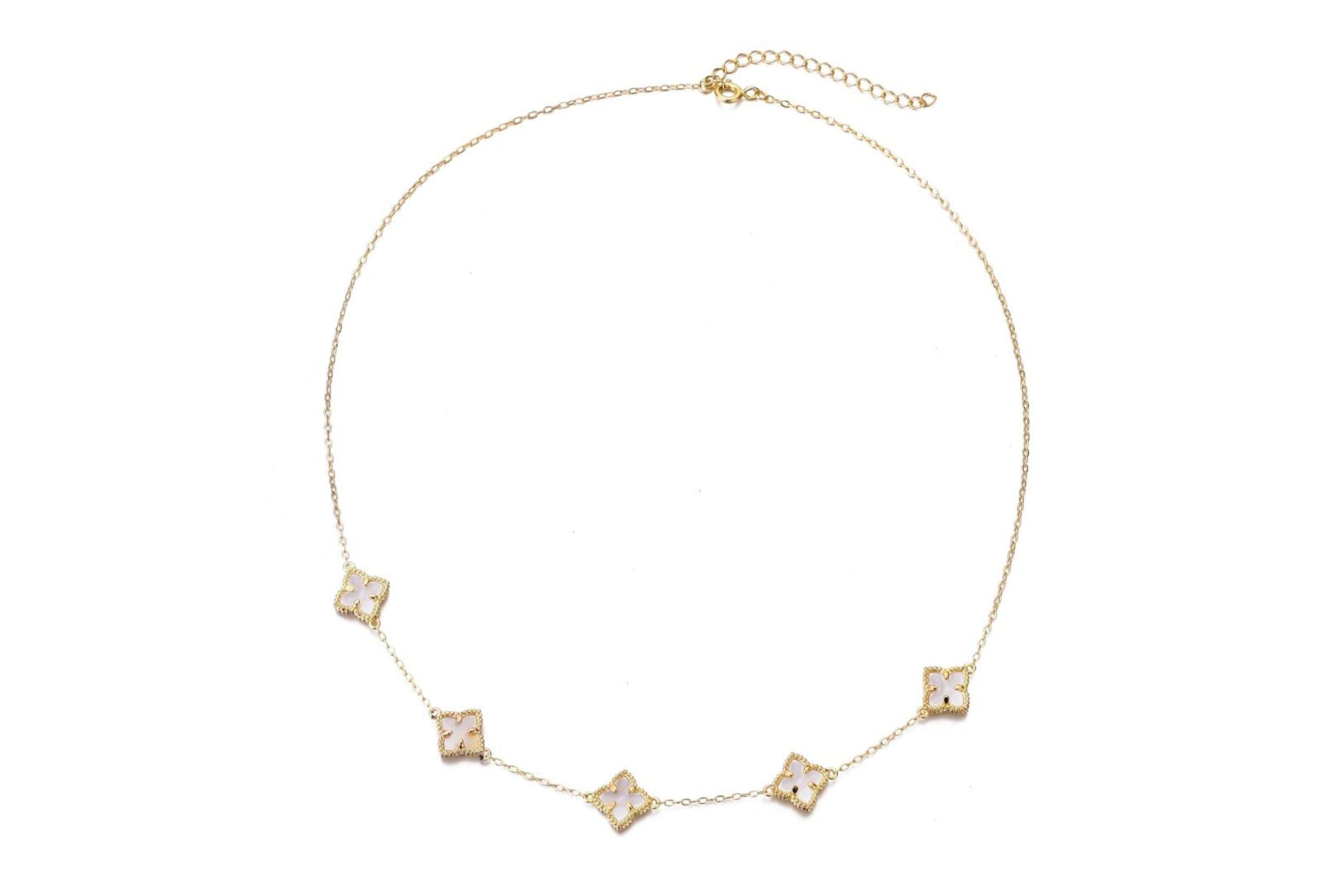 14k Gold Plated White Mother of Pearl Floral Station Necklace