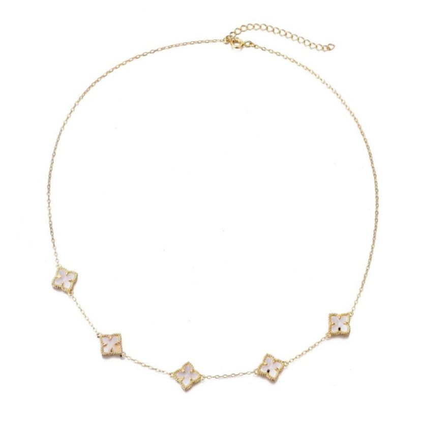 14k Gold Plated White Mother of Pearl Floral Station Necklace