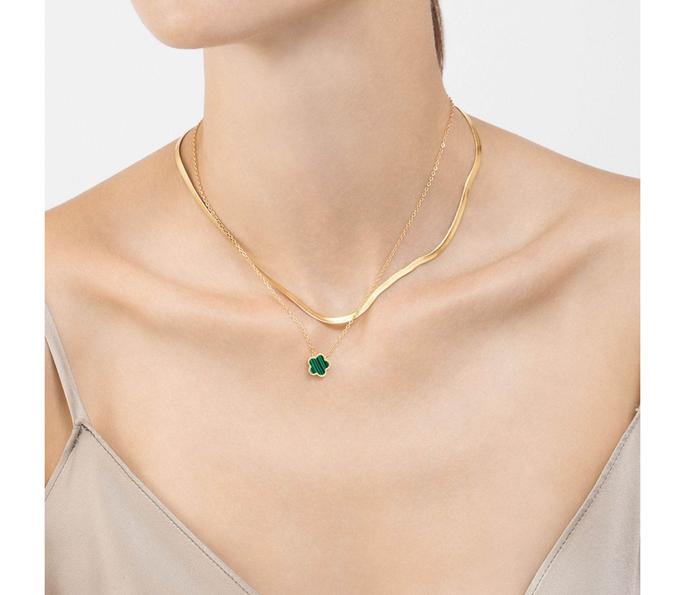 Tarnish Resistant 14k Gold Plated Green Clover Necklace