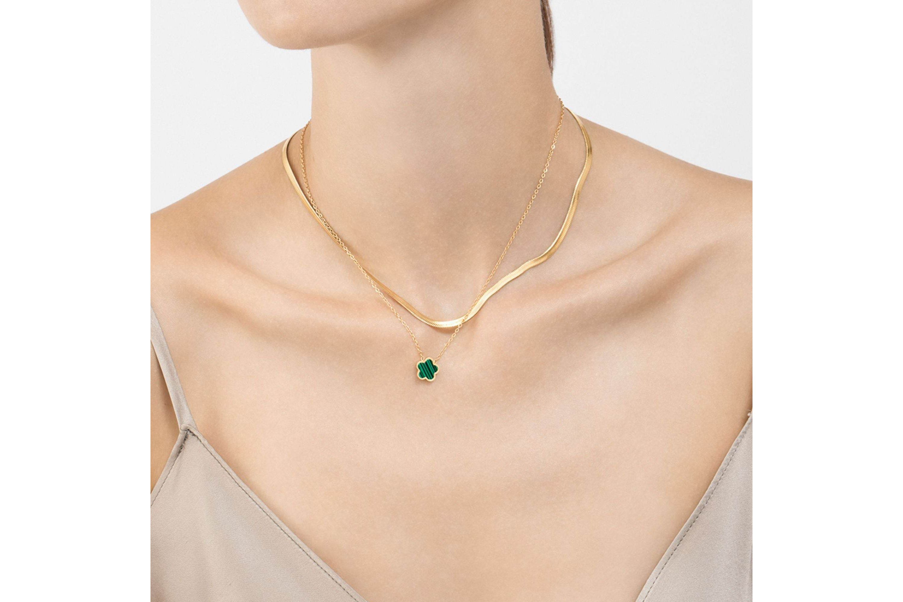 Tarnish Resistant 14k Gold Plated Green Clover Necklace