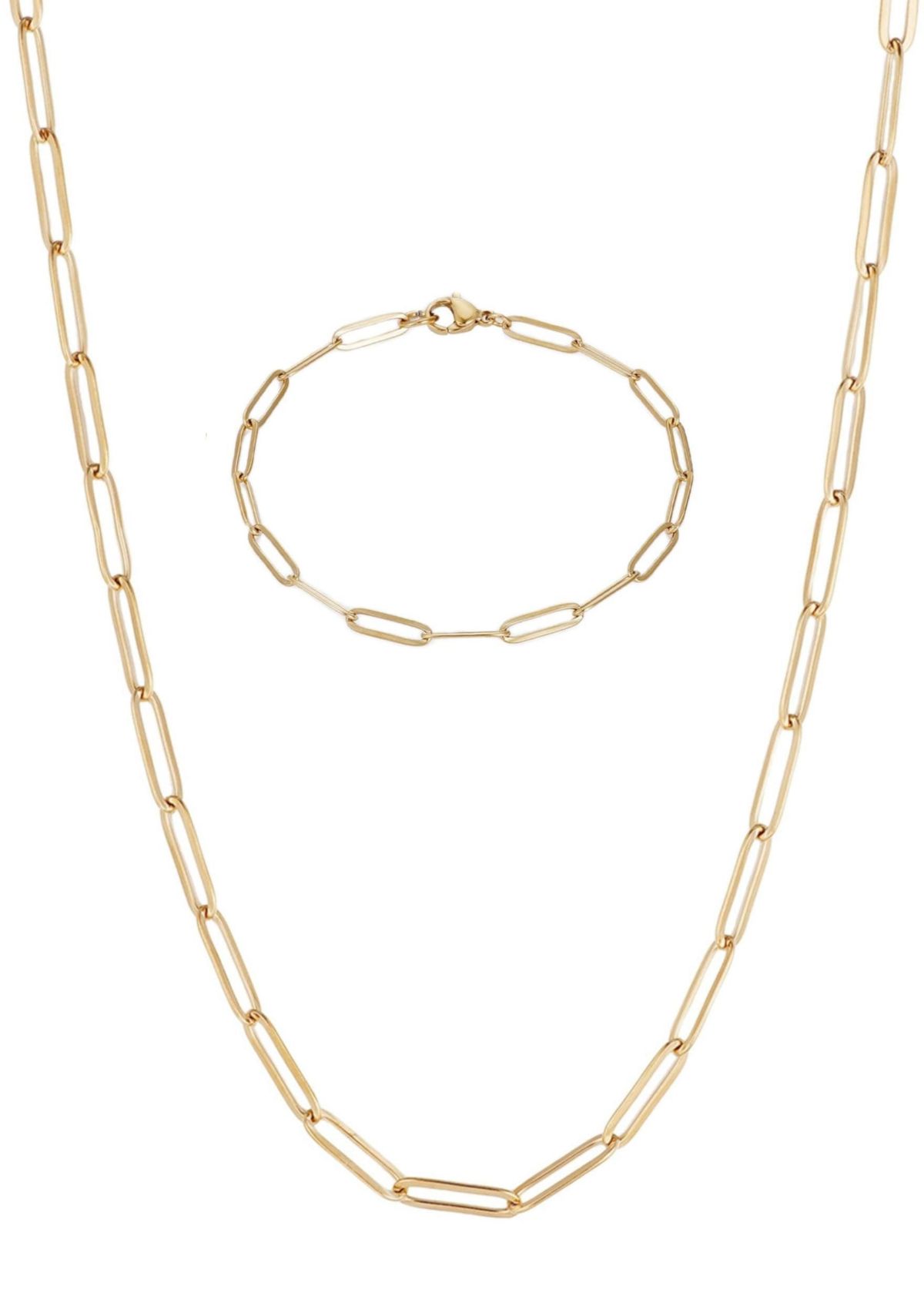 Tarnish Resistant 18k Gold Plated Paperclip Bracelet and Necklace Set
