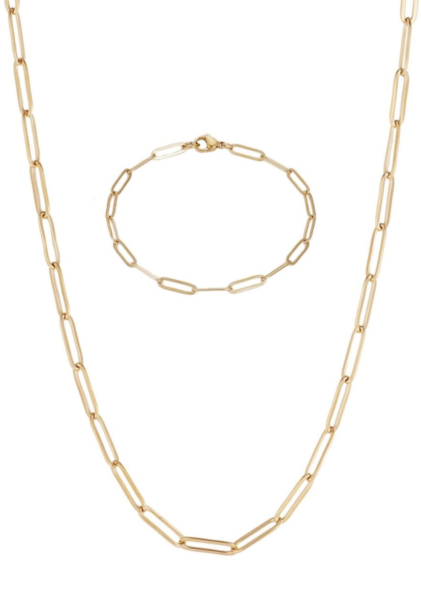 Tarnish Resistant 18k Gold Plated Paperclip Bracelet and Necklace Set