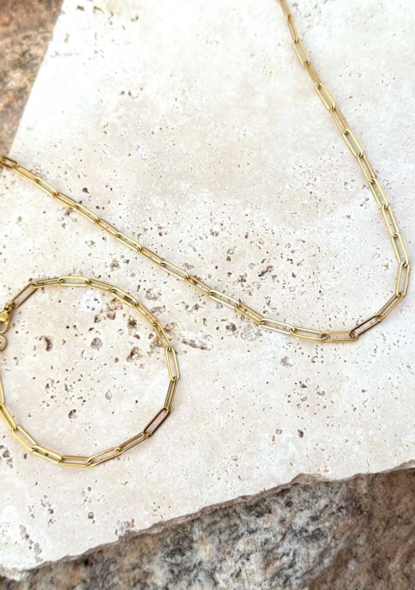 Tarnish Resistant 18k Gold Plated Paperclip Bracelet and Necklace Set