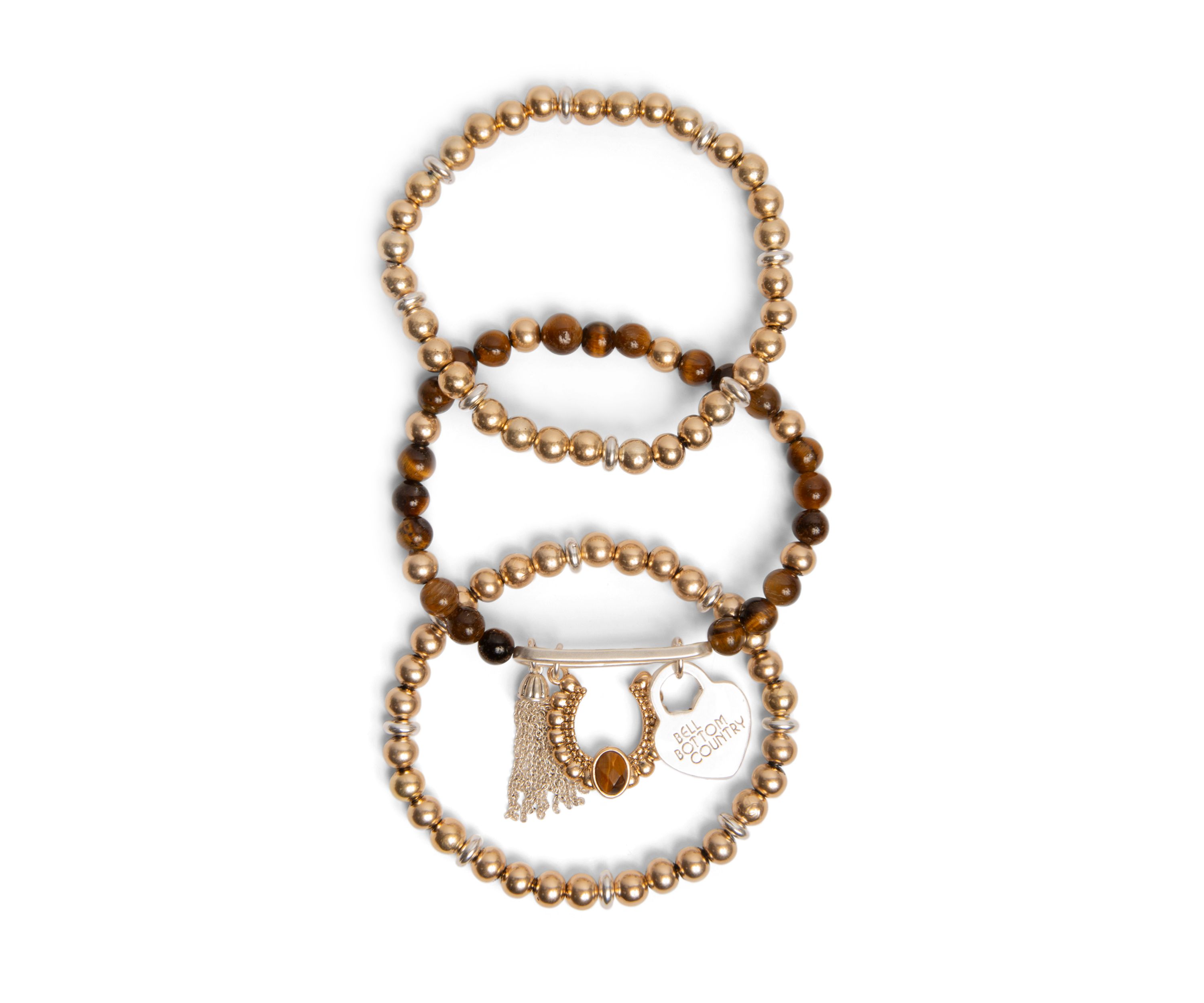 Gold Tone Natural Beaded Charm Stretch Bracelet Set