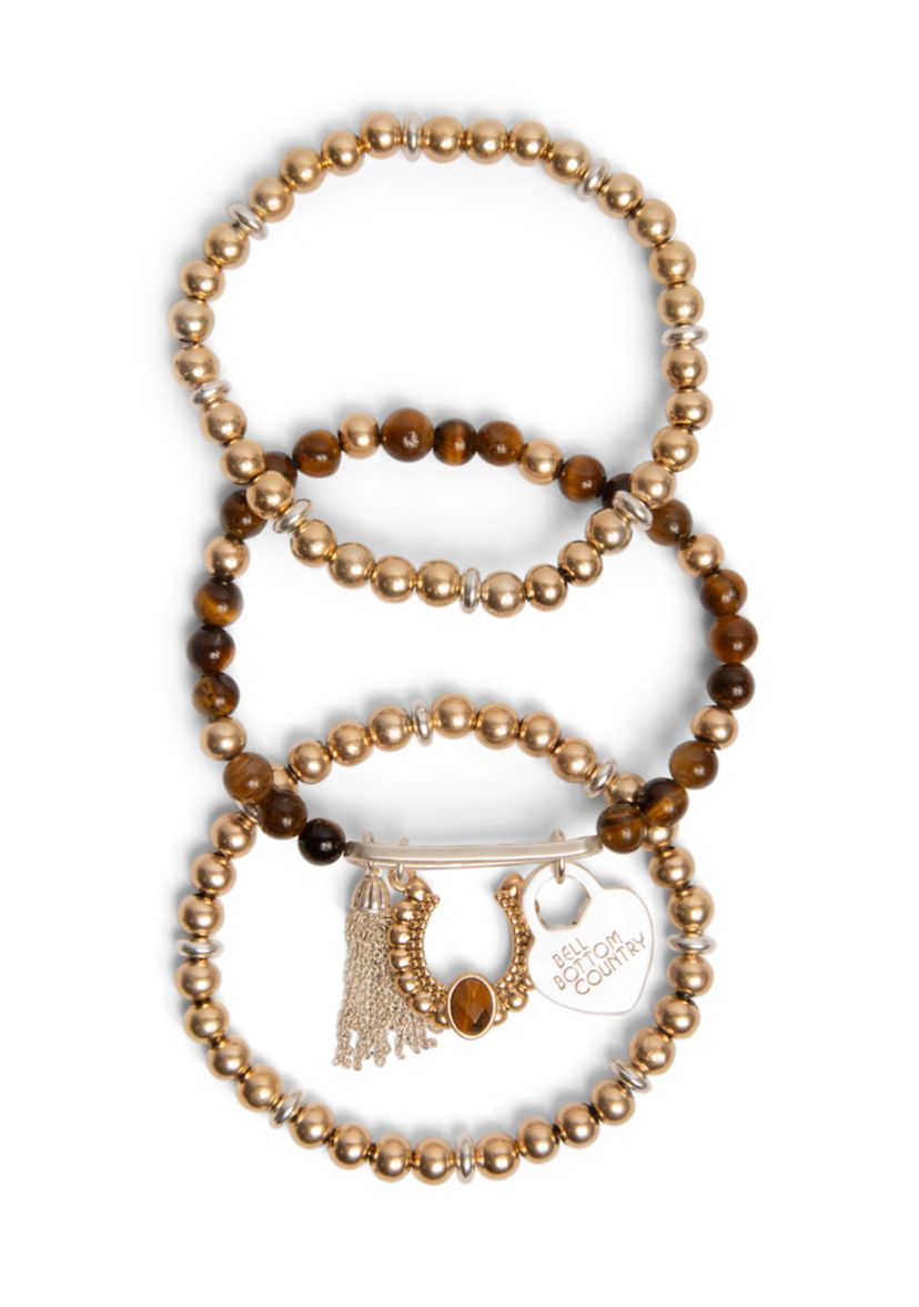 Gold Tone Natural Beaded Charm Stretch Bracelet Set