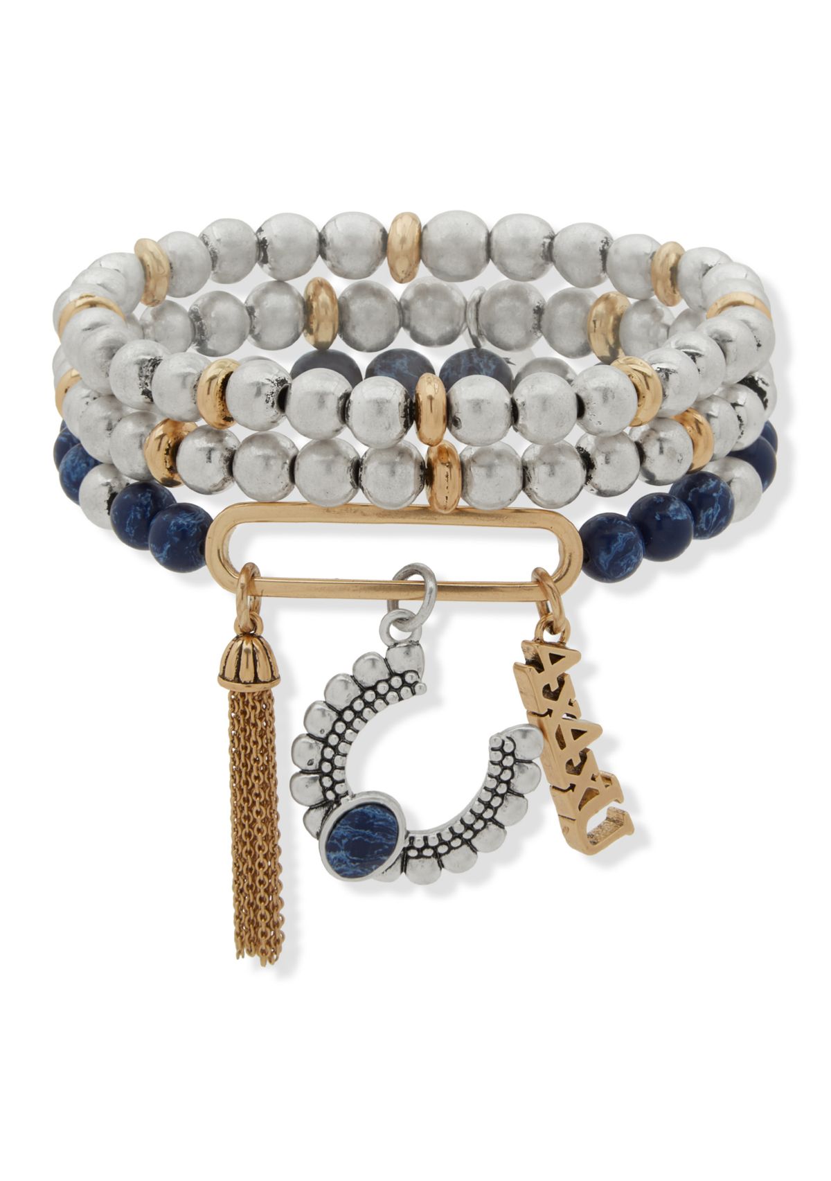 Two Tone Blue Beaded Charm Stretch Bracelet Set