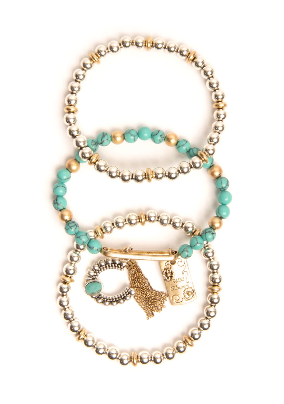 Silver Tone Turquoise Tone Beaded Charm Stretch Bracelet Set