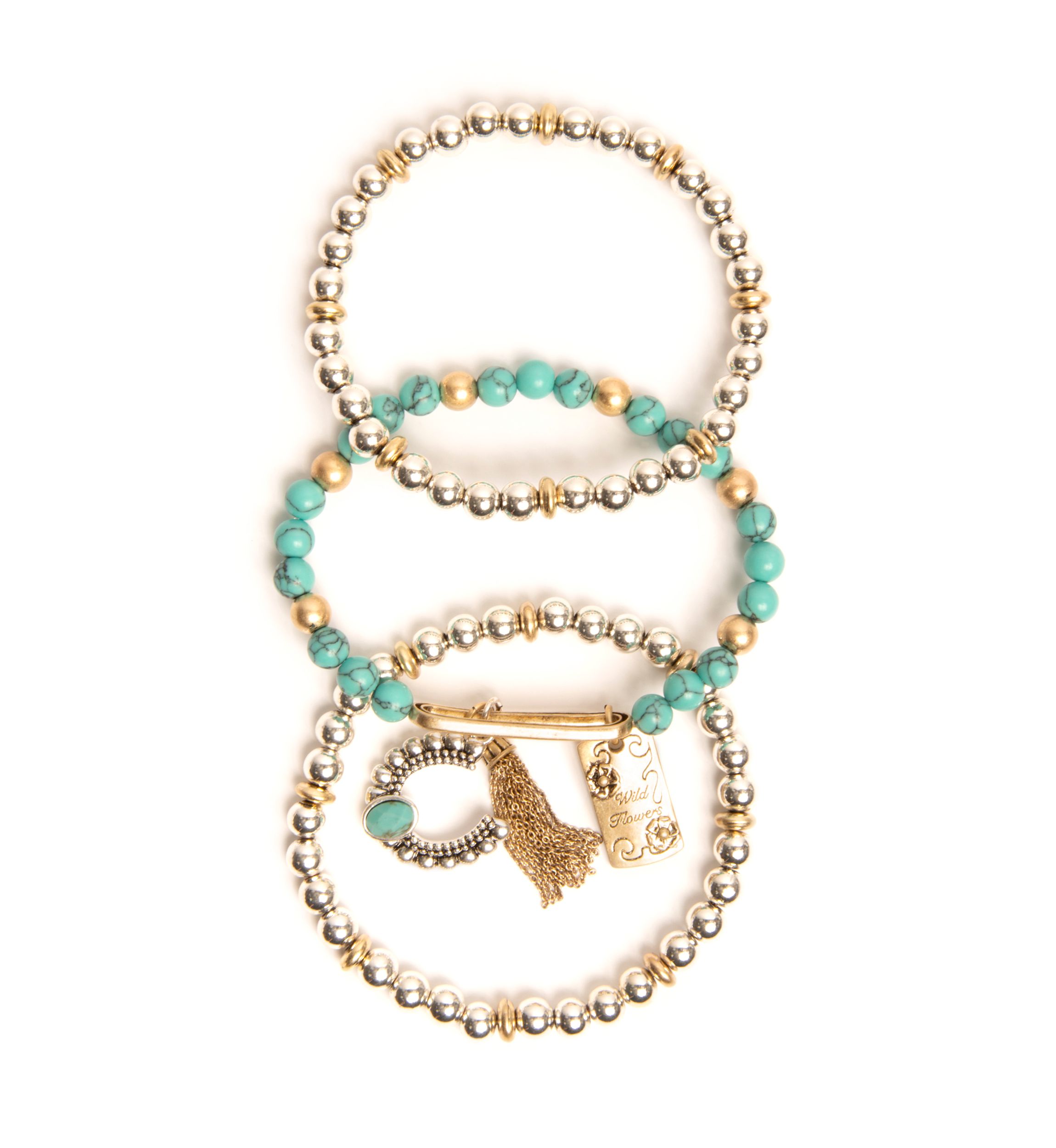 Silver Tone Turquoise Tone Beaded Charm Stretch Bracelet Set