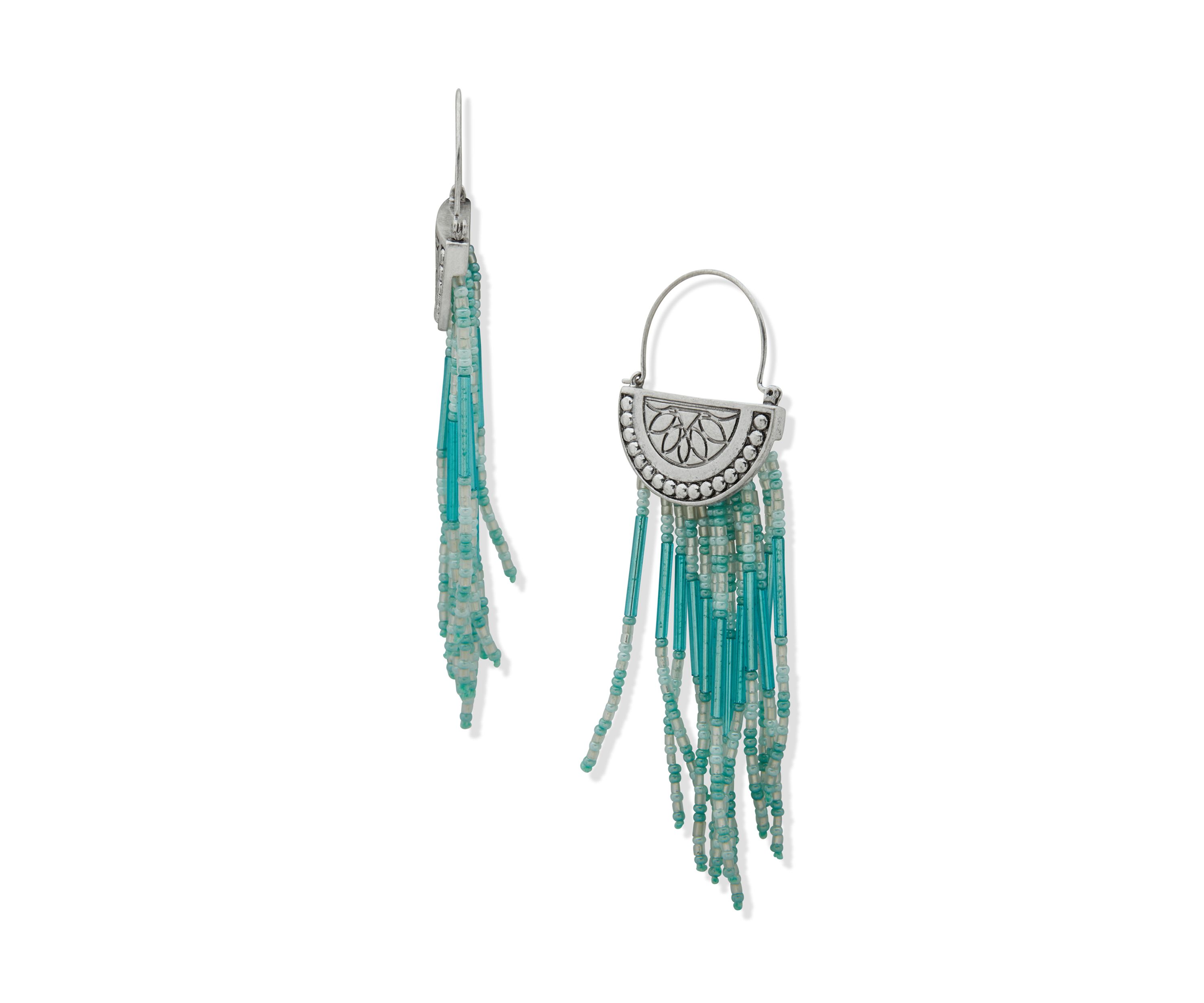 Silver Tone Blue Beaded Fringe Hoop Earrings