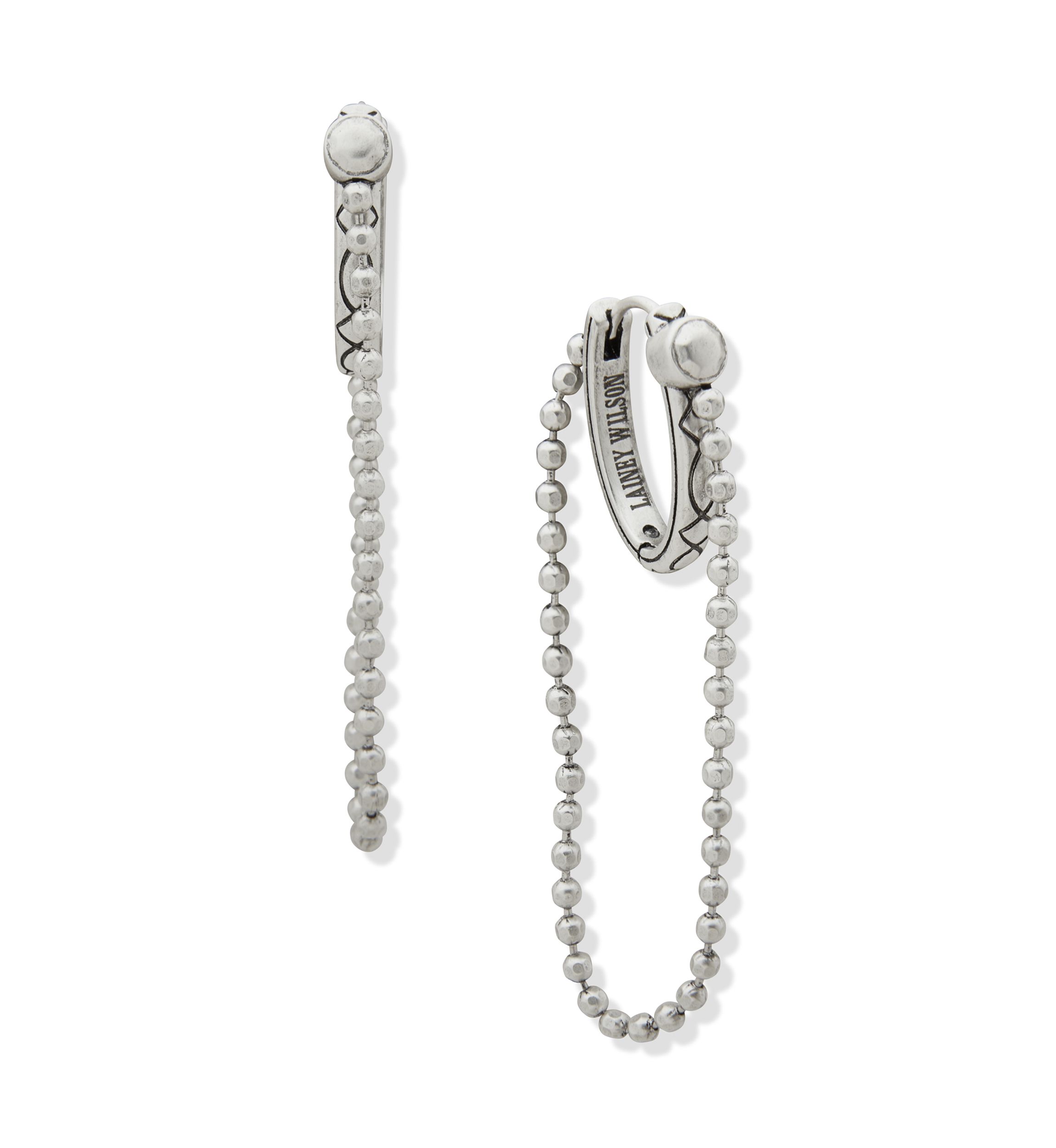 Silver Tone Hoop With Chain Earrings