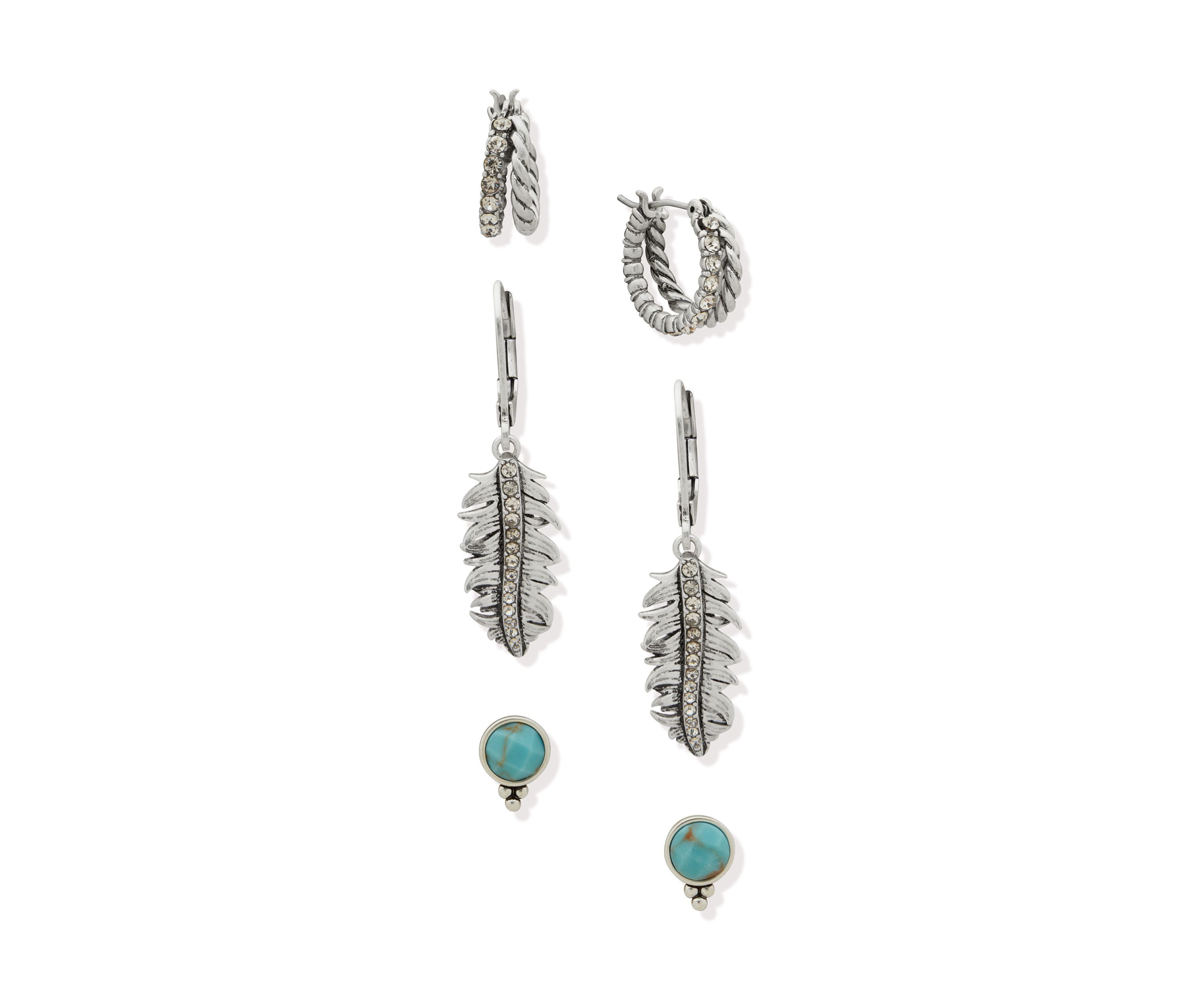 Silver Tone Turquoise Tone Feather Trio Earring Set