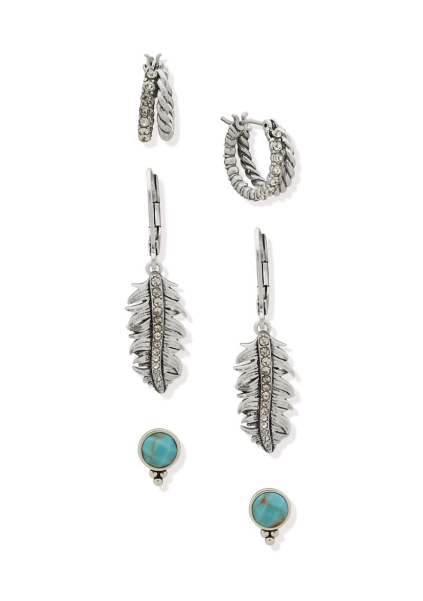 Silver Tone Turquoise Tone Feather Trio Earring Set