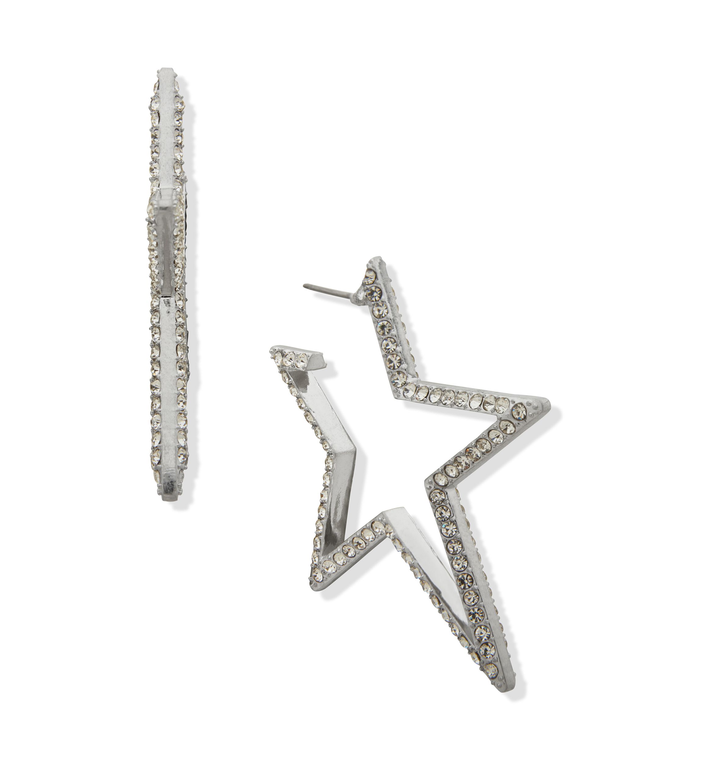 Silver Tone Crystal Pave Star Hoop Earrings