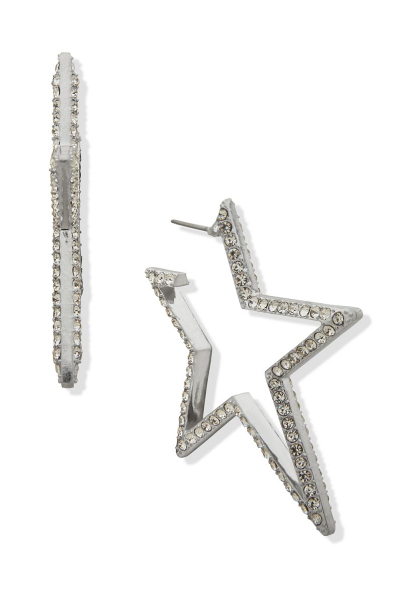 Silver Tone Crystal Pave Star Hoop Earrings