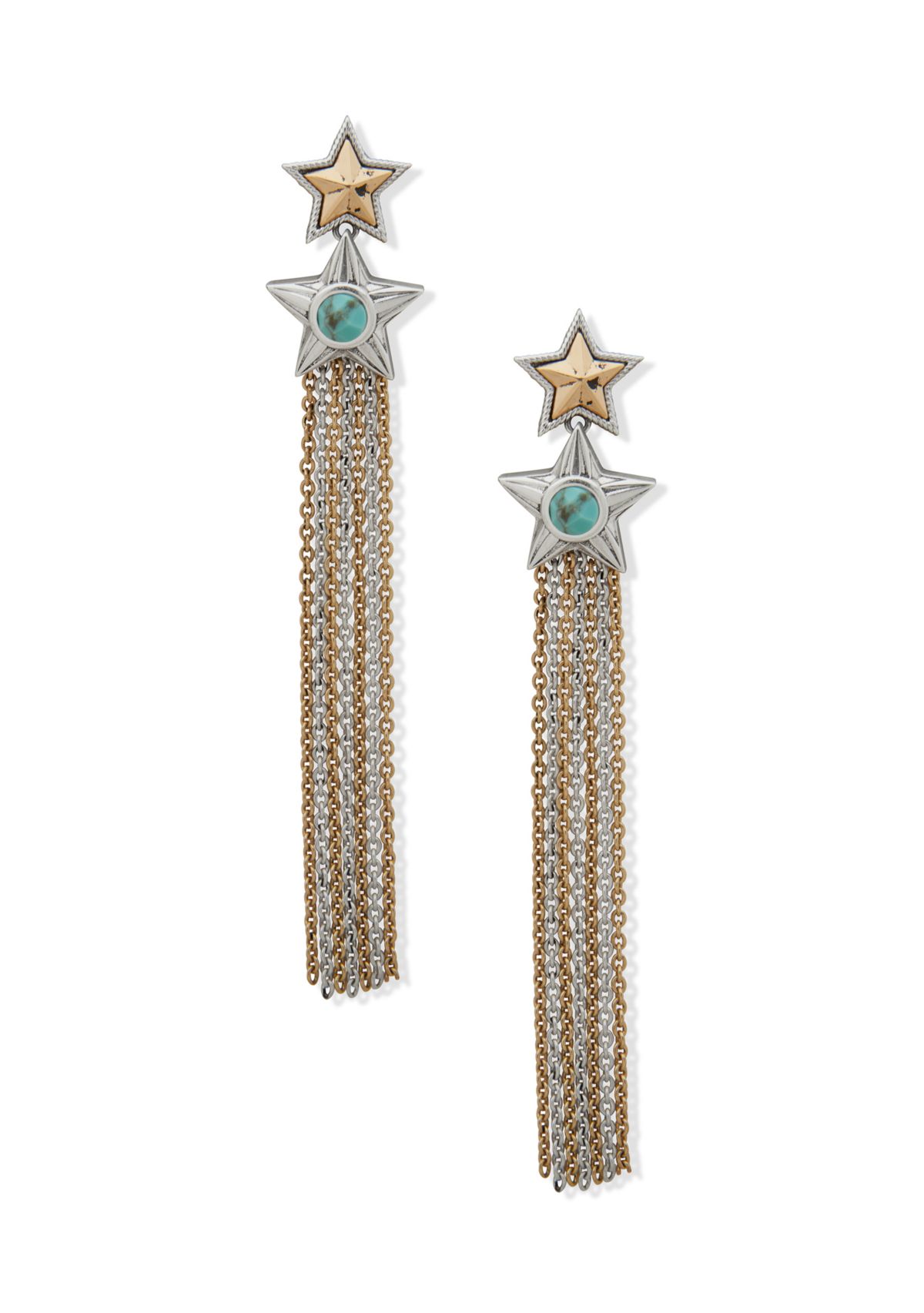 Two Tone Turquoise Tone Star Chain Linear Earrings